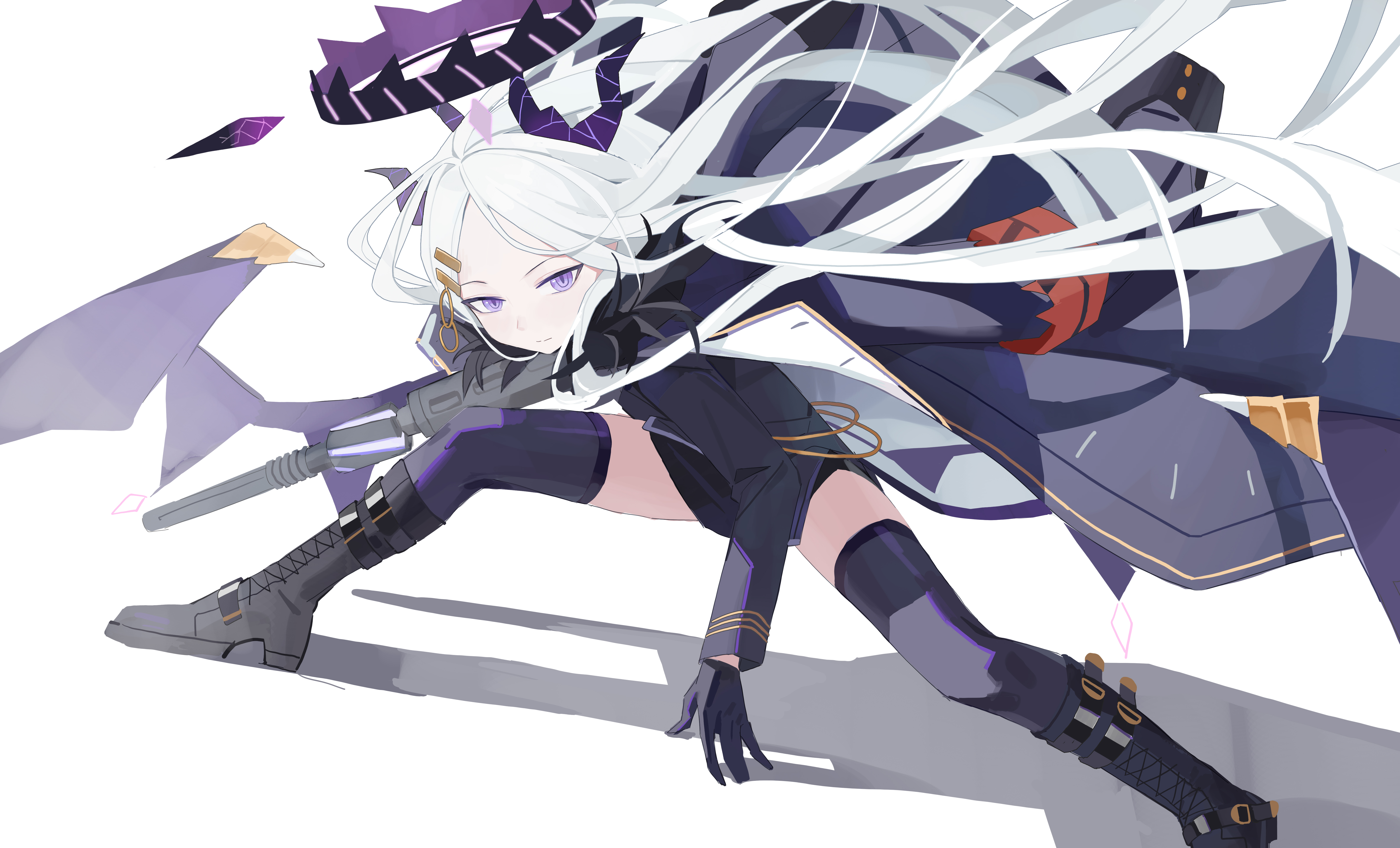 fanshuimucishen, hina (blue archive), blue archive, absurdres, commentary, highres, making-of available, 1girl, armband, black boots, black coat, black gloves, black skirt, boots, closed mouth, coat, coat on shoulders, demon girl, demon horns, floating clothes, floating hair, forehead, full body, fur-trimmed coat, fur trim, gloves, gun, hair ornament, hairclip, halo, holding, holding gun, holding weapon, horns, light smile, long hair, long sleeves, looking at viewer, machine gun, mg42, military uniform, open clothes, open coat, parallel hairclips, parted bangs, pencil skirt, purple eyes, purple halo, purple horns, purple thighhighs, red armband, shadow, simple background, skirt, solo, split mouth, spread legs, standing, thighhighs, thighhighs under boots, very long hair, weapon, white background, white hair, zettai ryouiki