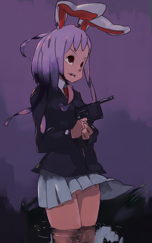 fgz, reisen udongein inaba, touhou, light purple hair, 1girl, animal ears, blazer, female focus, gun, handgun, jacket, mauser c96, no panties, no pussy, pistol, pleated skirt, rabbit ears, skirt, solo, water, weapon