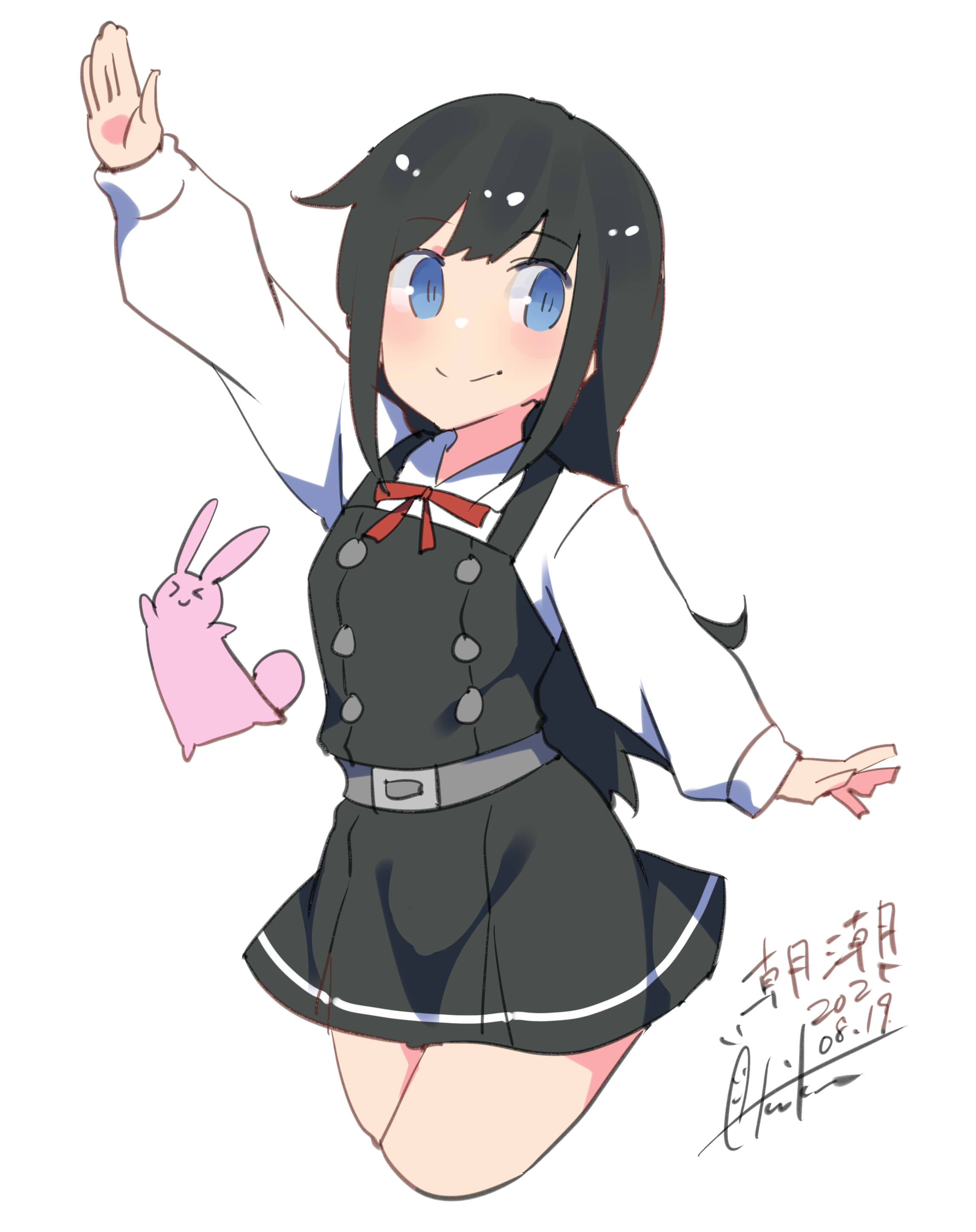 inica, asashio (kancolle), asashio kai ni (kancolle), kantai collection, absurdres, highres, 1girl, belt, black hair, blue eyes, blush, cowboy shot, dated, dress, long hair, long sleeves, looking at viewer, neck ribbon, pinafore dress, rabbit, red ribbon, ribbon, salute, school uniform, shirt, signature, sleeveless, sleeveless dress, smile, solo, white shirt