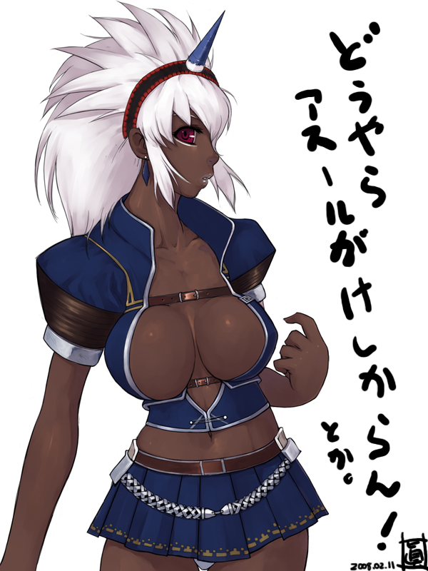 mahito, capcom, monster hunter (series), monster hunter frontier, 1girl, azure (armor), breasts, dark-skinned female, dark skin, earrings, female focus, hairband, horns, huge breasts, jewelry, kirin (armor), large breasts, lipstick, makeup, pleated skirt, red eyes, single horn, skirt, solo, white hair