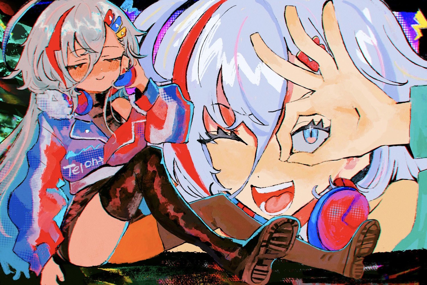 moosu, houou karin, denonbu, 1girl, ahoge, black shoes, black shorts, black thighhighs, blue eyes, blue streaks, blush, close-up, closed eyes, colorful background, full body, hair between eyes, hair ornament, hairclip, hairpin, headphones, headphones around neck, holding, holding headphones, jacket, lapel pin, lapels, lightning bolt symbol, long hair, long hair between eyes, long sleeves, looking at viewer, multicolored eyes, multicolored hair, multicolored jacket, ok sign, ok sign over eye, one eye closed, open clothes, open mouth, red eyes, red streaks, shoes, shorts, sitting, sleeveless, sleeveless turtleneck, smile, solo, split screen, streaked hair, thighhighs, triangle hair ornament, turtleneck, very long hair, white hair, yellow streaks