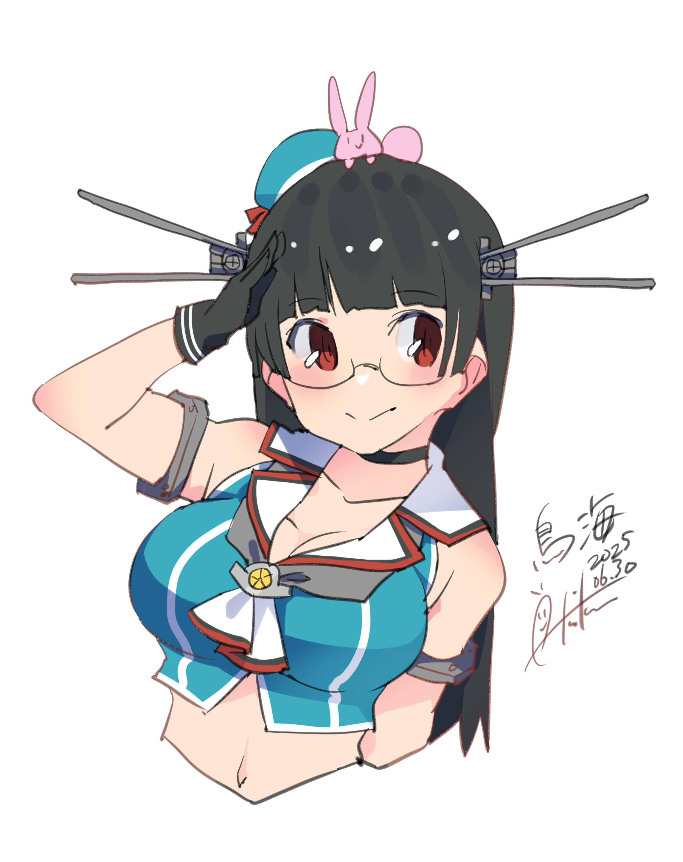 inica, choukai (kancolle), choukai kai ni (kancolle), kantai collection, absurdres, highres, 1girl, animal, animal on head, beret, black gloves, black hair, blush, breasts, cleavage, dated, glasses, gloves, hair ornament, hat, headgear, large breasts, long hair, looking at viewer, midriff, navel, on head, rabbit, rabbit on head, red eyes, rimless eyewear, signature, skirt, smile, upper body, white background