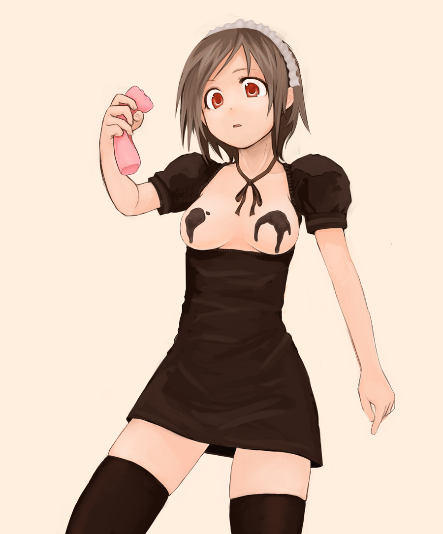 h (158cm), original, 1girl, artificial vagina, black thighhighs, breasts, brown hair, chocolate, dress, female focus, maid, maid headdress, red eyes, sex toy, short hair, solo, thighhighs, zettai ryouiki