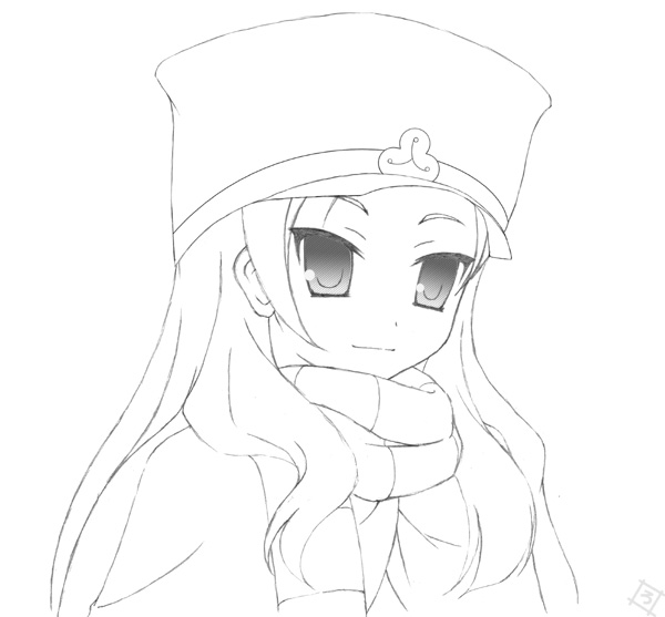 rodori gesu, chiaki (shigofumi), shigofumi, 00s, 1girl, female focus, greyscale, hat, long hair, monochrome, scarf, shako cap, solo