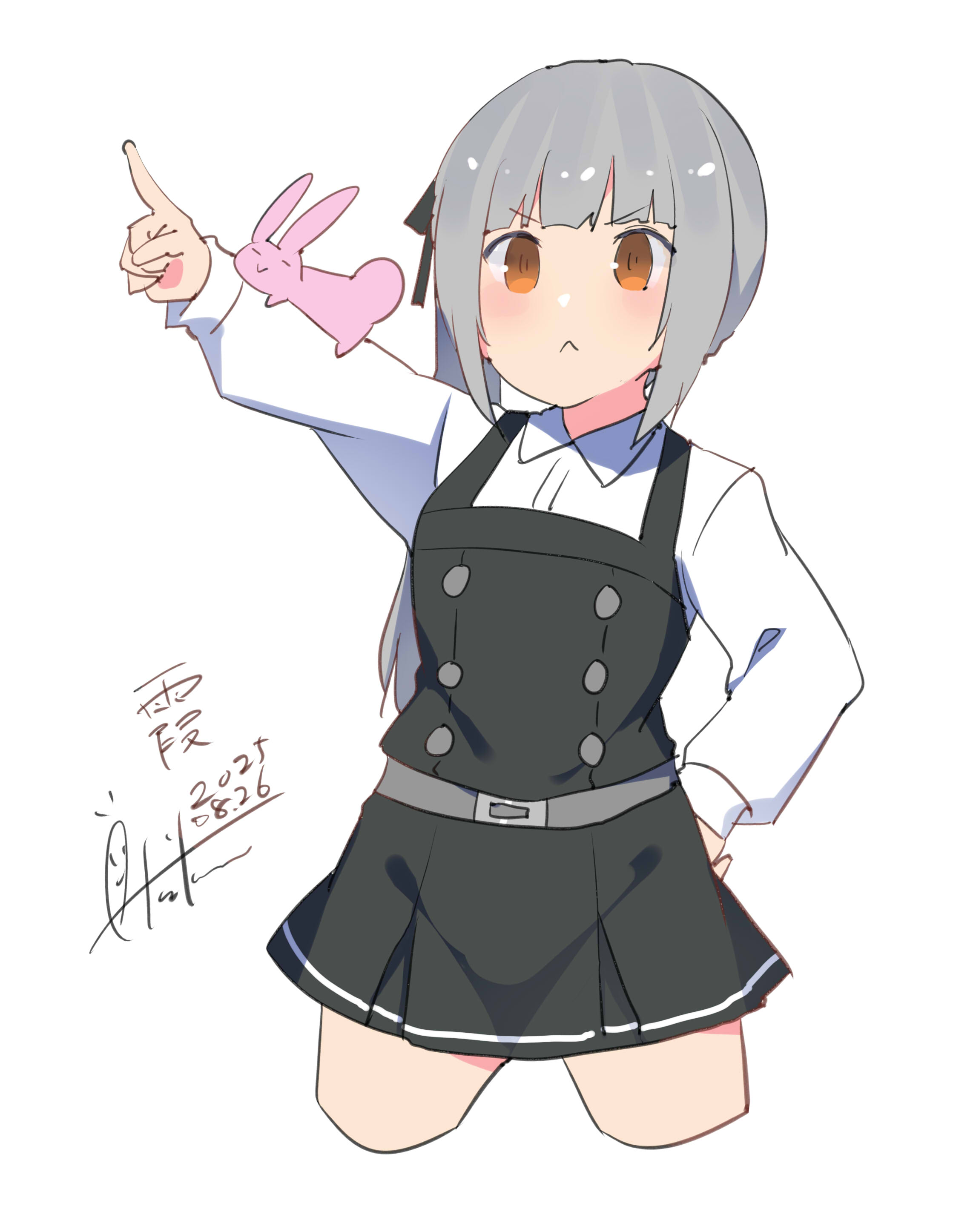 inica, kasumi (kancolle), kasumi kai ni (kancolle), kantai collection, absurdres, highres, 1girl, :<, black ribbon, blush, brown eyes, dated, dress, grey hair, hair ribbon, long hair, long sleeves, neck ribbon, pinafore dress, pointing, rabbit, red ribbon, ribbon, school uniform, shirt, side ponytail, signature, sleeveless, sleeveless dress, solo, white background, white shirt