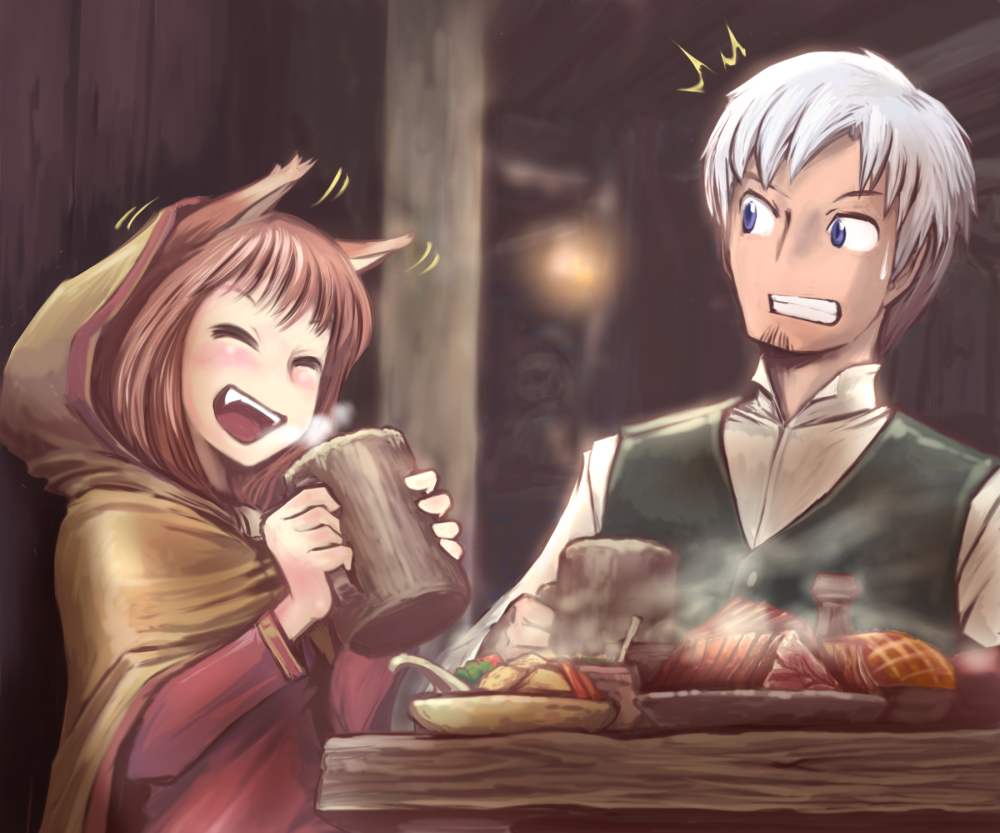 tanigawa hiroshi, craft lawrence, holo, spice and wolf, silver hair, 00s, 1boy, 1girl, ^ ^, animal ears, beard, blue eyes, blurry, blush, bread, brown hair, clenched teeth, closed eyes, cup, depth of field, facial hair, fang, fangs, food, holding, hood, indoors, long sleeves, looking at another, looking to the side, meat, motion lines, mug, open mouth, plate, shirt, spoon, steam, surprised, sweatdrop, table, teeth, upper body, vest, wolf ears, wooden table