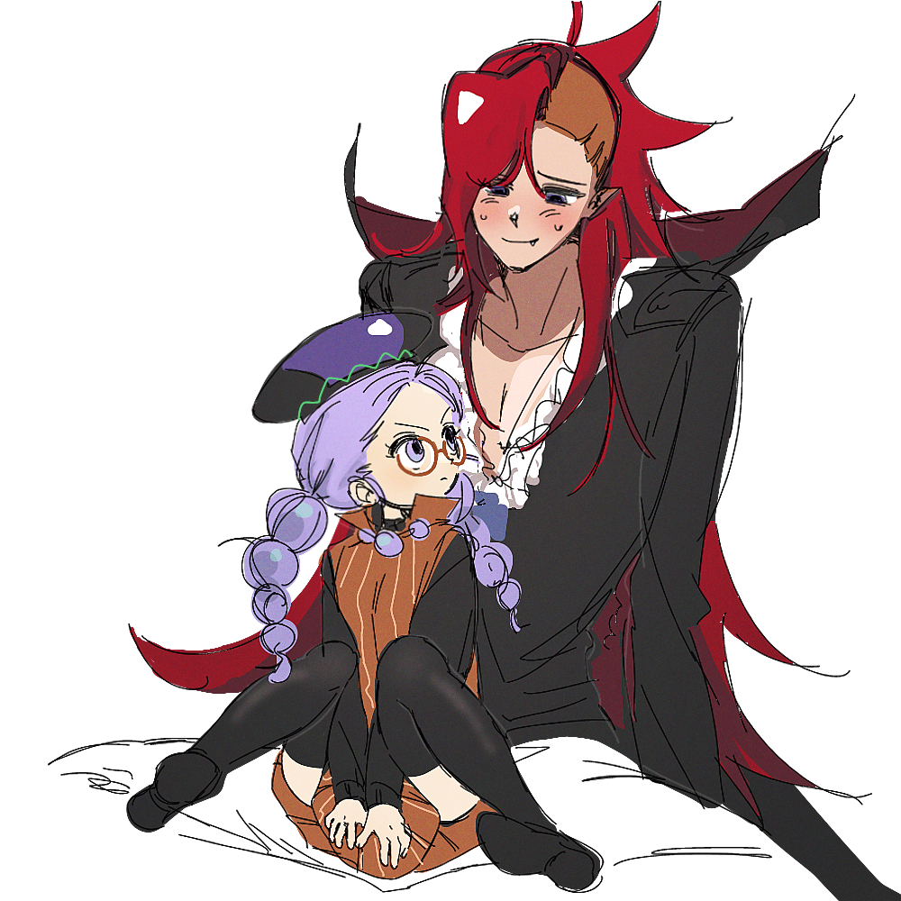 ponong, alchemist cookie, vampire cookie, cookie run, commentary request, korean commentary, 1boy, 1girl, aged down, arm support, arms between legs, asymmetrical hair, black hat, black shirt, black shoes, black thighhighs, braid, brown-framed eyewear, brown dress, closed mouth, collarbone, collared dress, dress, eye contact, fang, feet out of frame, fingernails, frilled shirt, frills, frown, full body, glasses, hat, humanization, knees up, long hair, looking at another, looking back, pants, pinstripe dress, pinstripe pattern, pointy ears, purple eyes, purple hair, raised inner eyebrows, red hair, round eyewear, shirt, shoes, sidecut, simple background, sitting, sleeveless, sleeveless dress, smile, sweat, thighhighs, time paradox, twin braids, undercut, v-shaped eyebrows, v arms, very long hair, white background, white pants