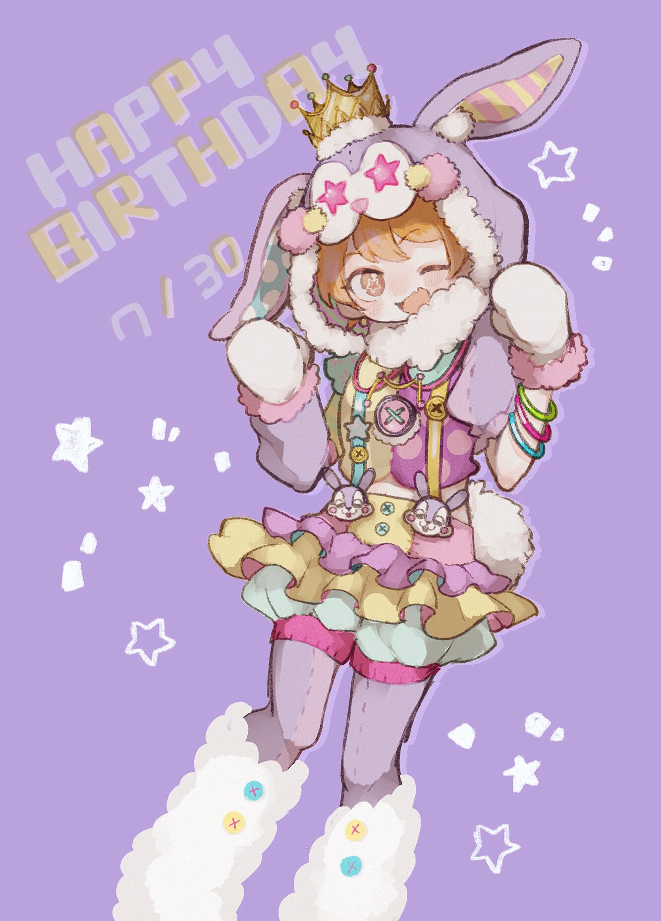az1199, kitazawa hagumi, bang dream!, highres, 1girl, animal hands, animal hood, asymmetrical sleeves, boots, brown eyes, crown, fang, fur-trimmed crown, fur-trimmed gloves, fur-trimmed hood, fur boots, fur trim, gloves, happy birthday, hood, mini crown, one eye closed, orange hair, paw gloves, puffy shorts, purple background, rabbit hood, rabbit tail, short hair, shorts, skin fang, solo, tail, white gloves