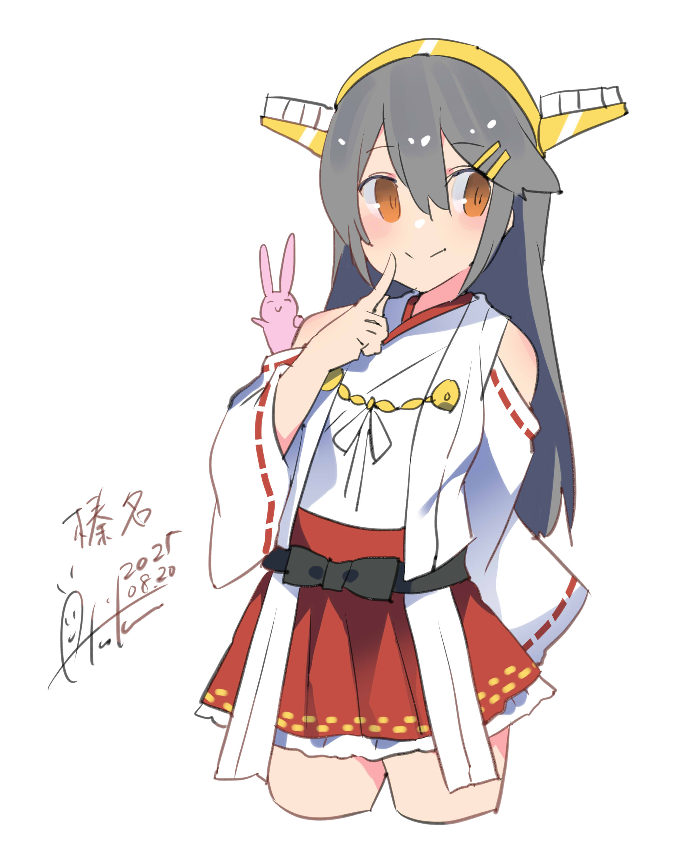 inica, haruna (kancolle), haruna kai ni (kancolle), kantai collection, absurdres, highres, 1girl, bare shoulders, black hair, blush, breasts, brown eyes, dated, detached sleeves, hair ornament, hairband, hairclip, headgear, japanese clothes, long hair, looking at viewer, nontraditional miko, rabbit on shoulder, red skirt, skirt, smile, solo, twitter username