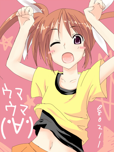 boshinote, takamachi nanoha, lyrical nanoha, mahou shoujo lyrical nanoha, lowres, 00s, 1girl, ;o, arms up, blush stickers, brown hair, caramelldansen, collarbone, female focus, hair ribbon, looking at viewer, miniskirt, navel, one eye closed, open mouth, orange skirt, pink background, pink eyes, ribbon, shirt, short sleeves, skirt, solo, star (symbol), stomach, tareme, twintails, upper body, white ribbon, yellow shirt