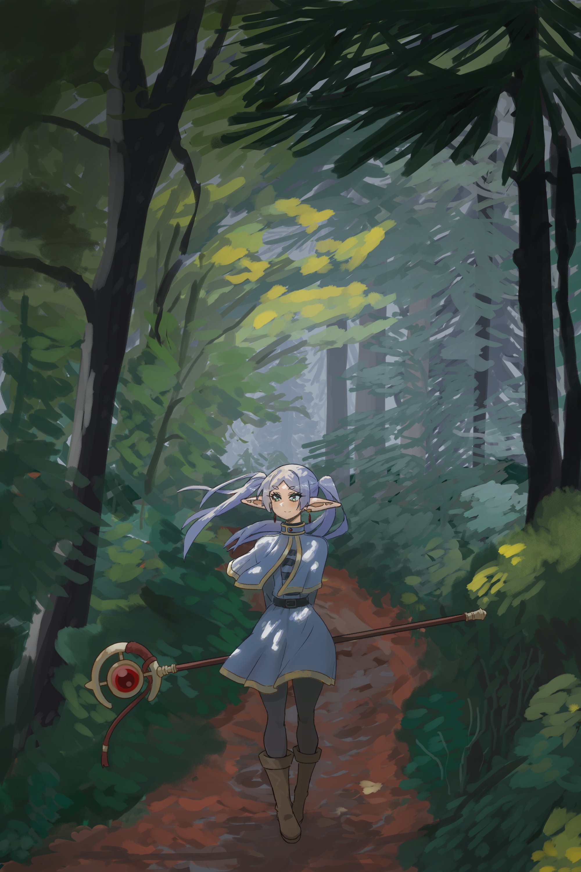 konaloid, frieren, sousou no frieren, absurdres, highres, 1girl, black pantyhose, boots, brown boots, capelet, elf, forest, green eyes, grey capelet, grey skirt, holding, holding staff, long hair, long pointy ears, mage staff, nature, outdoors, pantyhose, path, pointy ears, road, shirt, skirt, solo, staff, striped clothes, striped shirt, tree, twintails