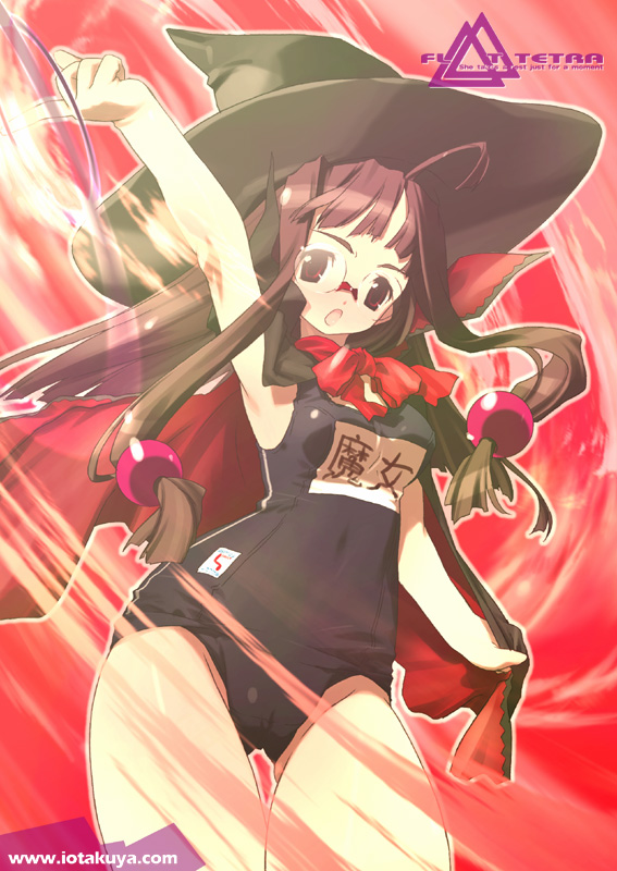 io takuya, 1girl, black one-piece swimsuit, female focus, glasses, hat, name tag, one-piece swimsuit, school swimsuit, solo, swimsuit, witch, witch hat