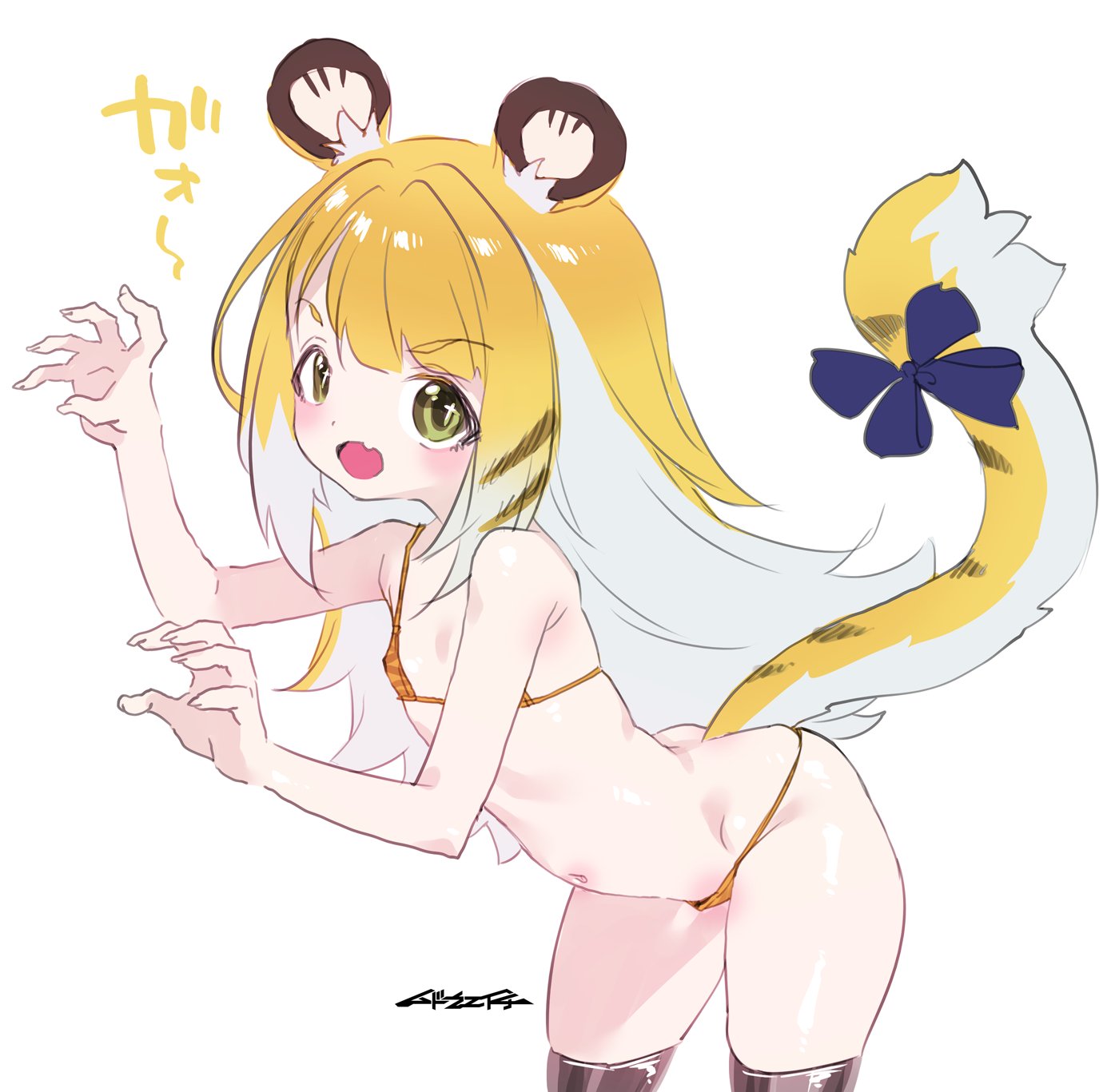 mudou eichi, ju fufu, zenless zone zero, highres, animal ears, bent over, bikini, black thighhighs, blonde hair, bow, claw pose, green eyes, no extra ears, orange bikini, swimsuit, tail, tail bow, tail ornament, thighhighs, tiger girl, tiger stripes, tiger tail
