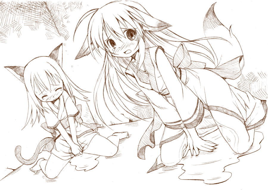 2girls, animal ears, blush, brown theme, dutch angle, japanese clothes, kimono, kneeling, monochrome, multiple girls, pee, peeing, peeing self, peeing together, sitting, tail, wariza
