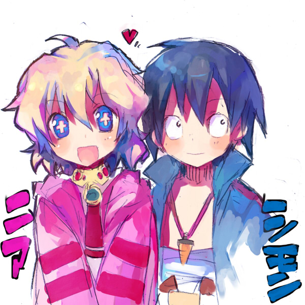 tsuchiya akira, nia teppelin, simon (ttgl), tengen toppa gurren lagann, 00s, bandages, heart, short hair