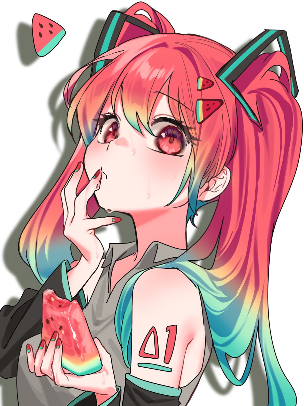 hatsune miku, vocaloid, highres, 1girl, black sleeves, detached sleeves, food, food-themed hair ornament, fruit, grey shirt, hair ornament, holding, holding food, kenmamenma410, multicolored hair, number tattoo, rainbow hair, red eyes, red nails, shirt, sleeveless, sleeveless shirt, solo, sweat, tattoo, twintails, watermelon, watermelon hair ornament, watermelon slice, white background