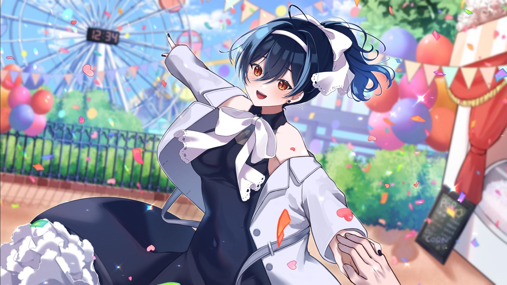 reiru (reiru ooooo), oumiya emma, indie virtual youtuber, highres, second-party source, 1girl, balloon, black dress, black hair, black nails, bow, breasts, brown eyes, confetti, covered navel, dress, earrings, ferris wheel, grey jacket, hair between eyes, hair bow, holding hands, jacket, jewelry, open clothes, open jacket, virtual youtuber, white bow