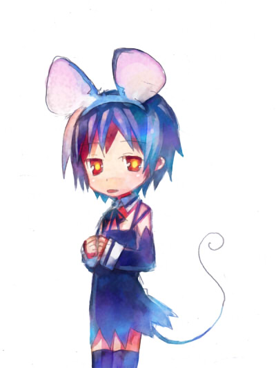 tsuchiya akira, animal ears, bow, dress, mouse ears, short hair, solo, tail, thighhighs, yellow eyes