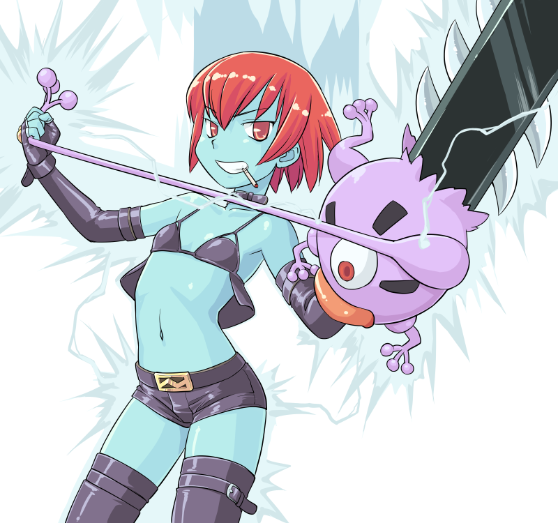 hinemosu notari, lord raptor, capcom, darkstalkers, bad id, bad pixiv id, gender request, 1girl, blue skin, cigarette, colored skin, eyeball, female focus, flat chest, genderswap, midnight bliss, monster, red eyes, red hair, smoking, solo, thighhighs, what