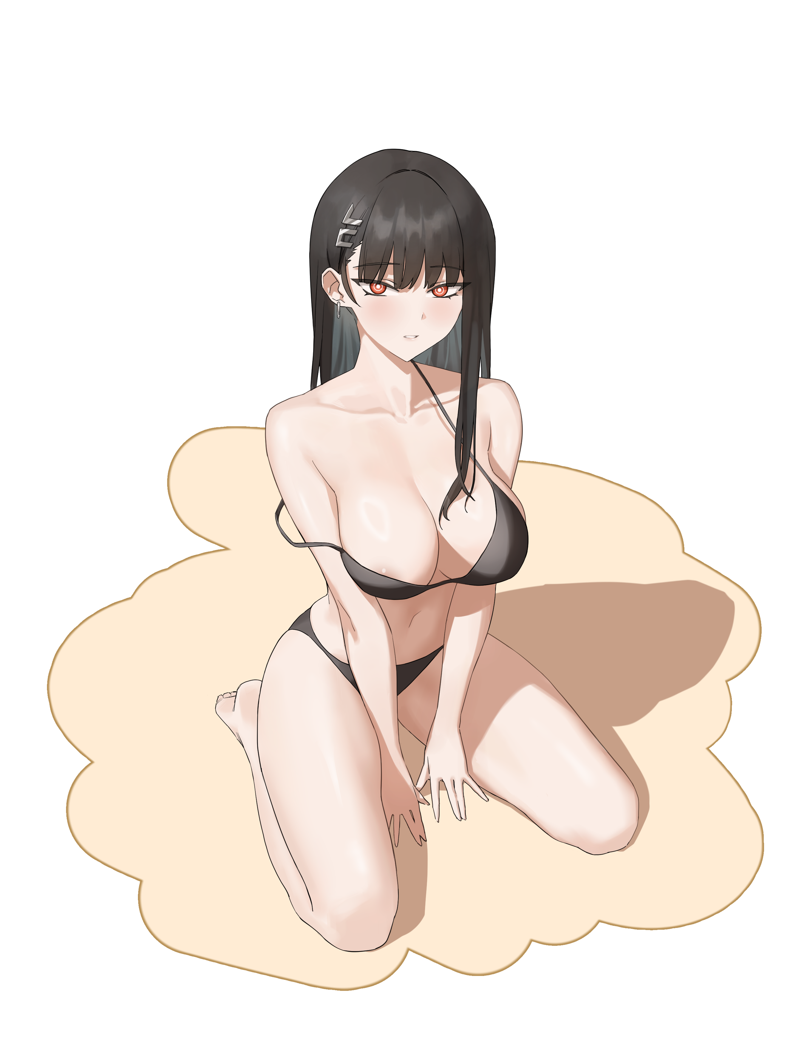 335367368, rio (blue archive), blue archive, absurdres, highres, 1girl, bare shoulders, barefoot, bikini, black bikini, black hair, blunt bangs, blush, breasts, bright pupils, cleavage, collarbone, hair ornament, hairclip, hime cut, large breasts, long hair, looking at viewer, navel, no halo, parted lips, red eyes, sitting, solo, swimsuit, thighs, white background, white pupils