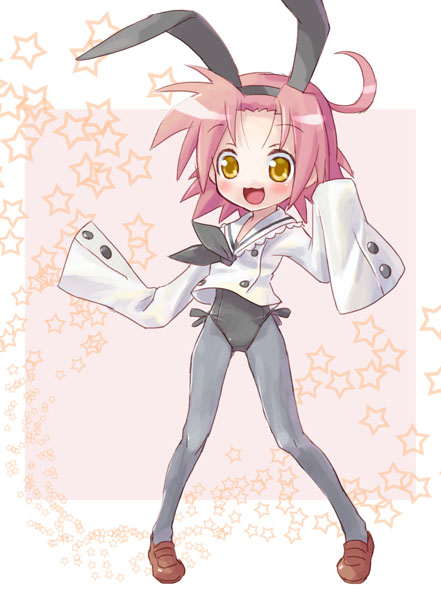 katahira masashi, kogami akira, lucky star, 00s, 1girl, ahoge, animal ears, blush, female focus, full body, legs apart, oversized clothes, pantyhose, pink hair, rabbit ears, solo, standing, star (symbol), star symbol background, yellow eyes