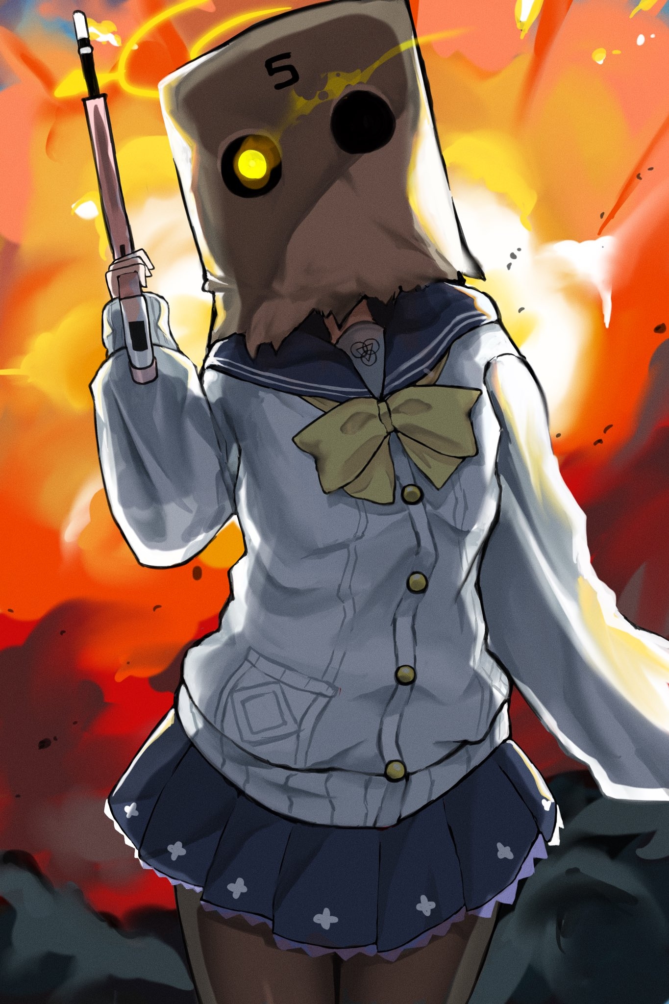 966 kururu 966, faust (blue archive), hifumi (blue archive), blue archive, commentary, highres, 1girl, backlighting, bag, bag over head, black pantyhose, blue sailor collar, blue skirt, bow, bowtie, buttons, cardigan, cowboy shot, explosion, fighting stance, frilled skirt, frills, glowing, glowing eye, gun, hand up, holding, holding gun, holding weapon, miniskirt, pantyhose, pleated skirt, sailor collar, school uniform, serafuku, shopping bag, skirt, solo, weapon, white cardigan, yellow bow, yellow bowtie