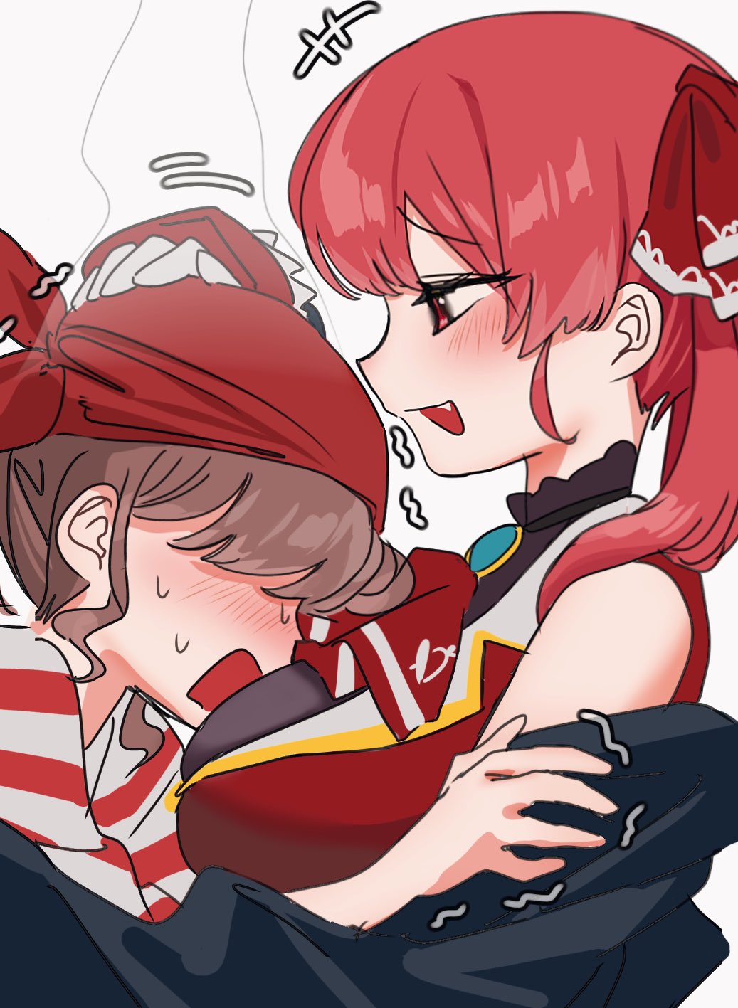houshou marine, houshou marine (1st costume), hololive, commentary request, highres, 2girls, ascot, bandana, between breasts, breasts, brown hair, face between breasts, faceless, faceless female, fang, hair ribbon, head between breasts, head steam, headpat, jacket, kenmamenma410, large breasts, multiple girls, open mouth, ponytail, red ascot, red bandana, red eyes, red hair, red jacket, red ribbon, ribbon, see-through clothes, shirt, sleeveless, sleeveless jacket, smile, striped clothes, striped shirt, twintails, virtual youtuber, yuri