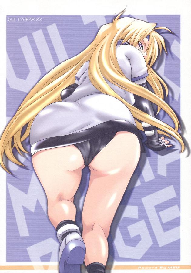 isou doubaku, millia rage, arc system works, guilty gear, scan, 1girl, ahoge, ass, bent over, black panties, blonde hair, dress, elbow gloves, female focus, fingerless gloves, gloves, head out of frame, long hair, panties, short dress, socks, solo, thighs, underwear, very long hair