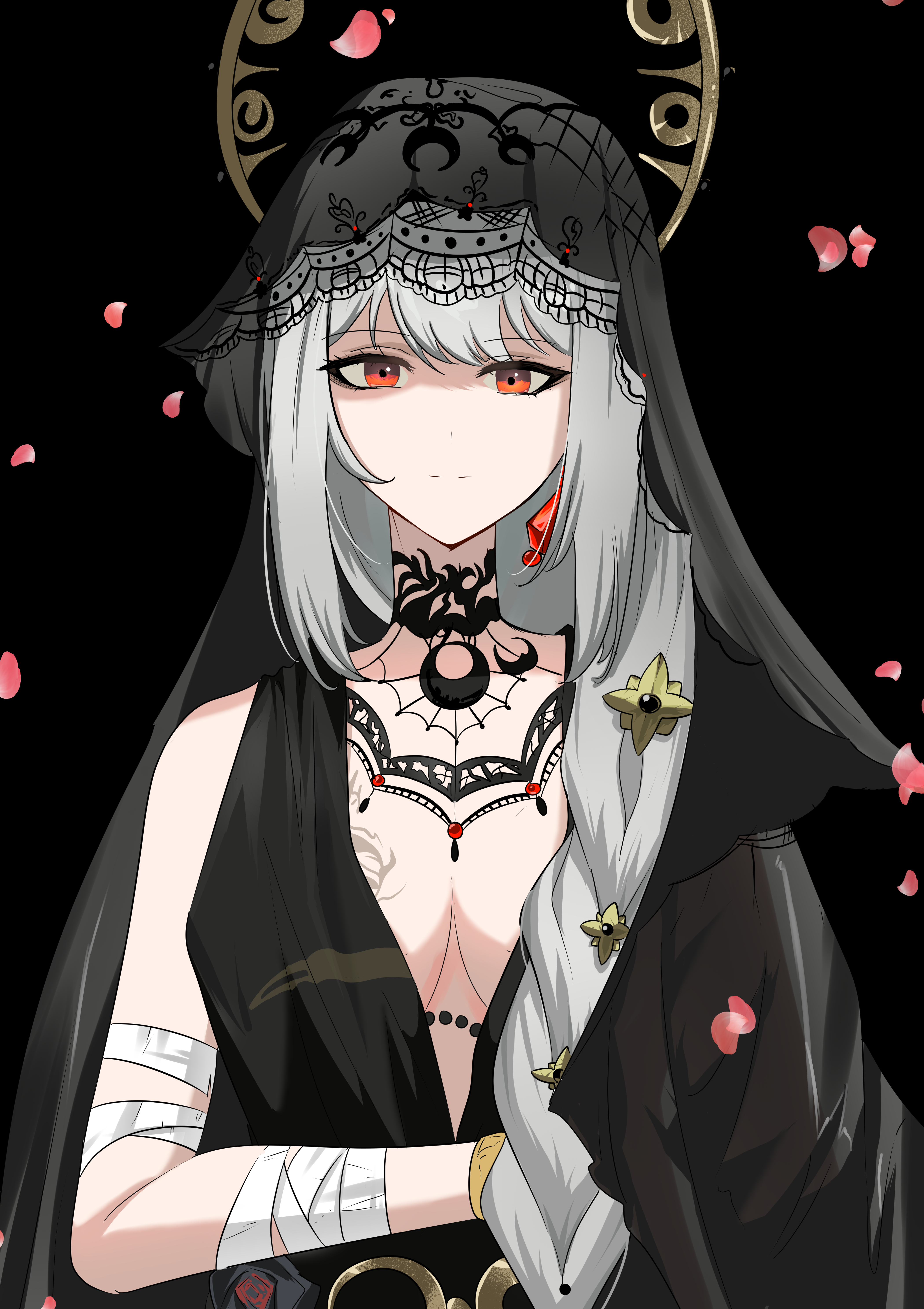 waist (chem5772), semmelweis (reverse:1999), semmelweis (the wax and wane of the heart) (reverse:1999), reverse:1999, absurdres, highres, 1girl, bandaged arm, bandages, black background, black choker, black dress, black veil, breasts, choker, cleavage, dress, falling petals, hair ornament, lace-trimmed veil, lace trim, long braid, long hair, looking at viewer, medium breasts, no bra, official alternate costume, petals, plunging neckline, red eyes, sleeveless, sleeveless dress, smile, solo, upper body, veil, white hair