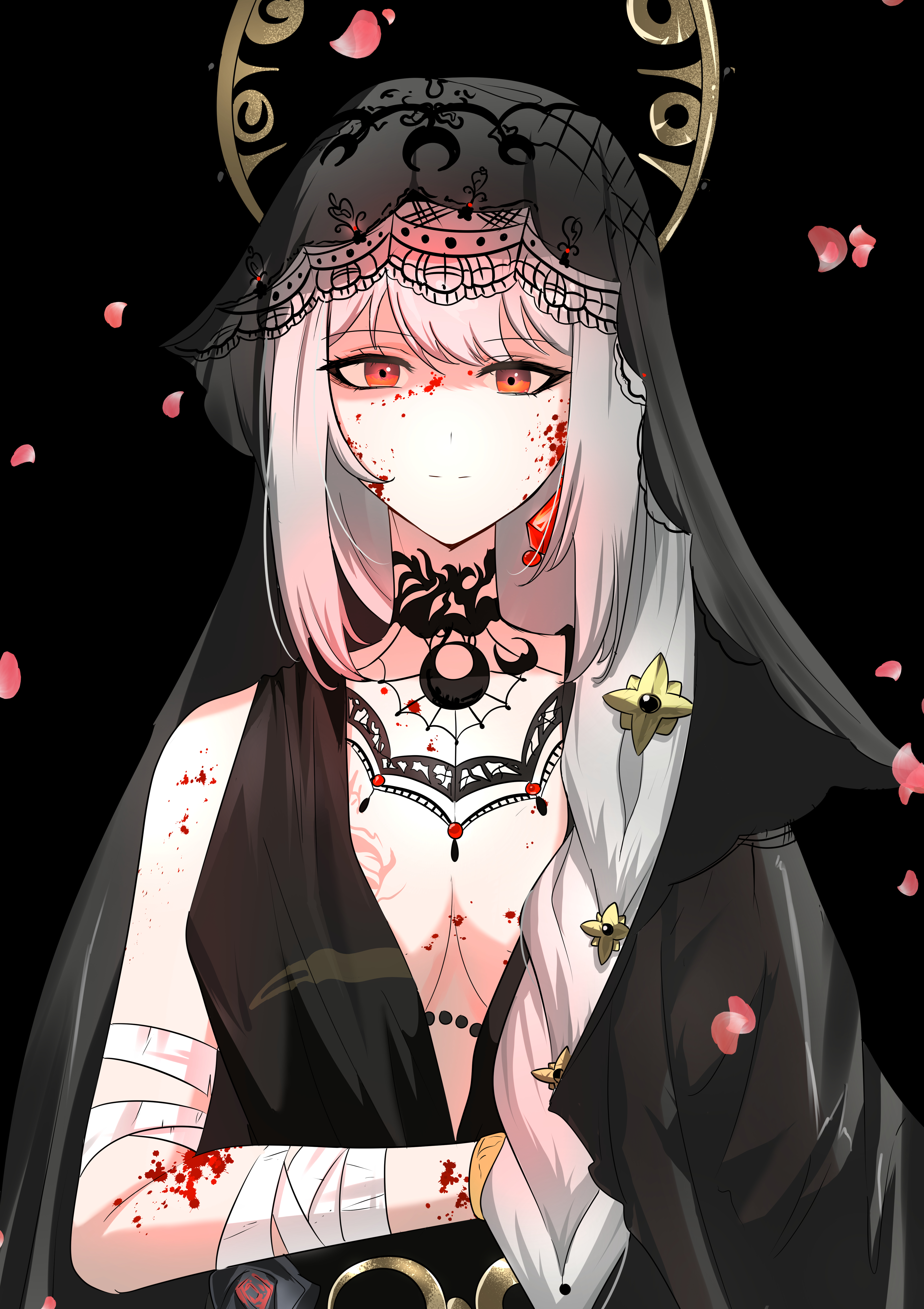 waist (chem5772), semmelweis (reverse:1999), semmelweis (the wax and wane of the heart) (reverse:1999), reverse:1999, absurdres, highres, 1girl, bandaged arm, bandages, black background, black choker, black dress, black veil, blood, blood on arm, blood on face, breasts, choker, cleavage, dress, falling petals, hair ornament, lace-trimmed veil, lace trim, long braid, long hair, looking at viewer, medium breasts, no bra, official alternate costume, petals, plunging neckline, red eyes, sleeveless, sleeveless dress, smile, solo, upper body, veil, white hair