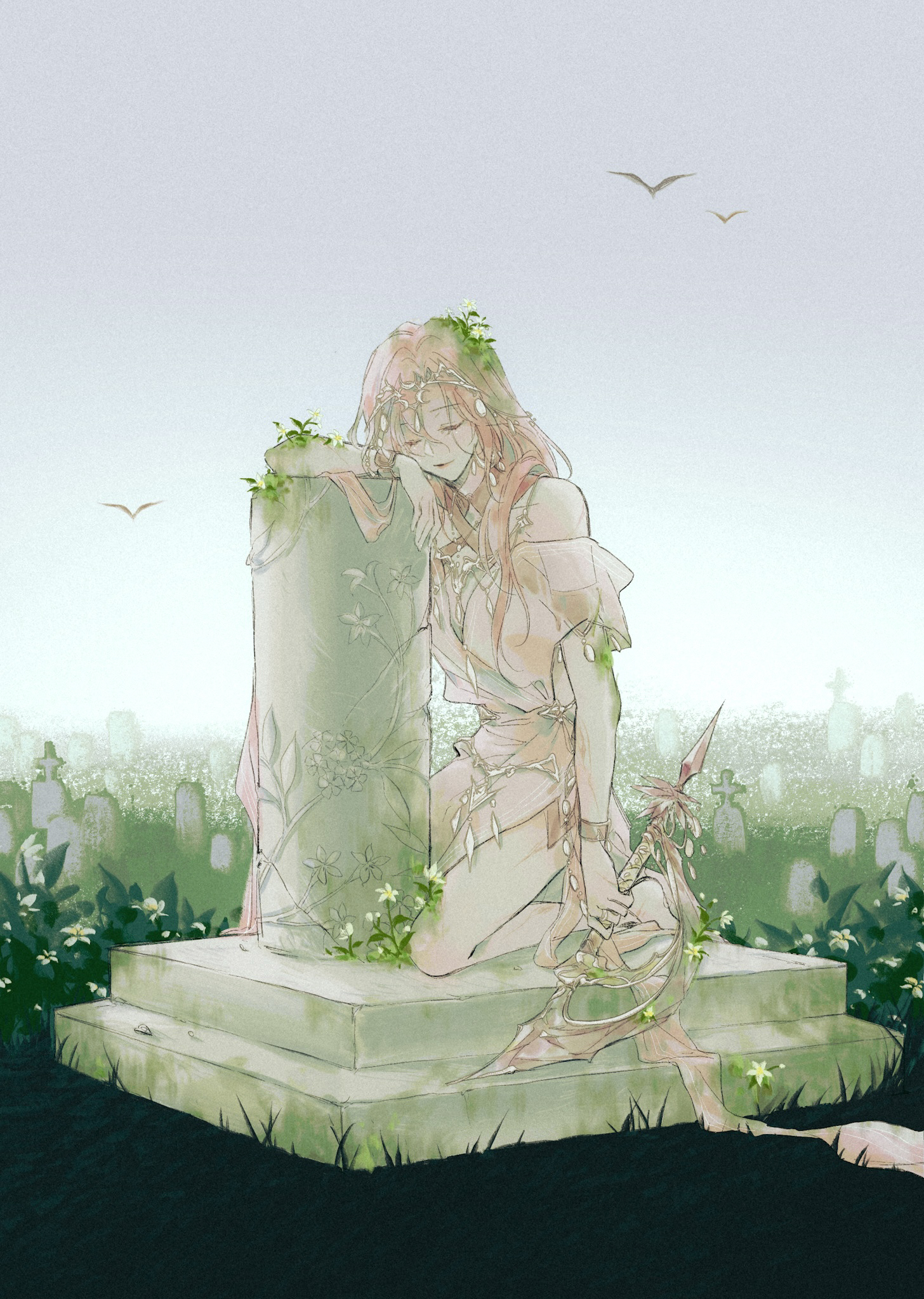 mitsukyou, jasmine (path to nowhere), path to nowhere, chinese commentary, commentary, highres, 1girl, bare arms, bare legs, bare shoulders, barefoot, bracelet, chakram, circlet, closed mouth, dress, flower, full body, grave, graveyard, grey sky, holding, holding weapon, jewelry, kneeling, off shoulder, overgrown, pelvic curtain, pink dress, pink hair, scar, scar on arm, scar on foot, scar on leg, simple bird, sky, smile, solo, tombstone, weapon, white flower