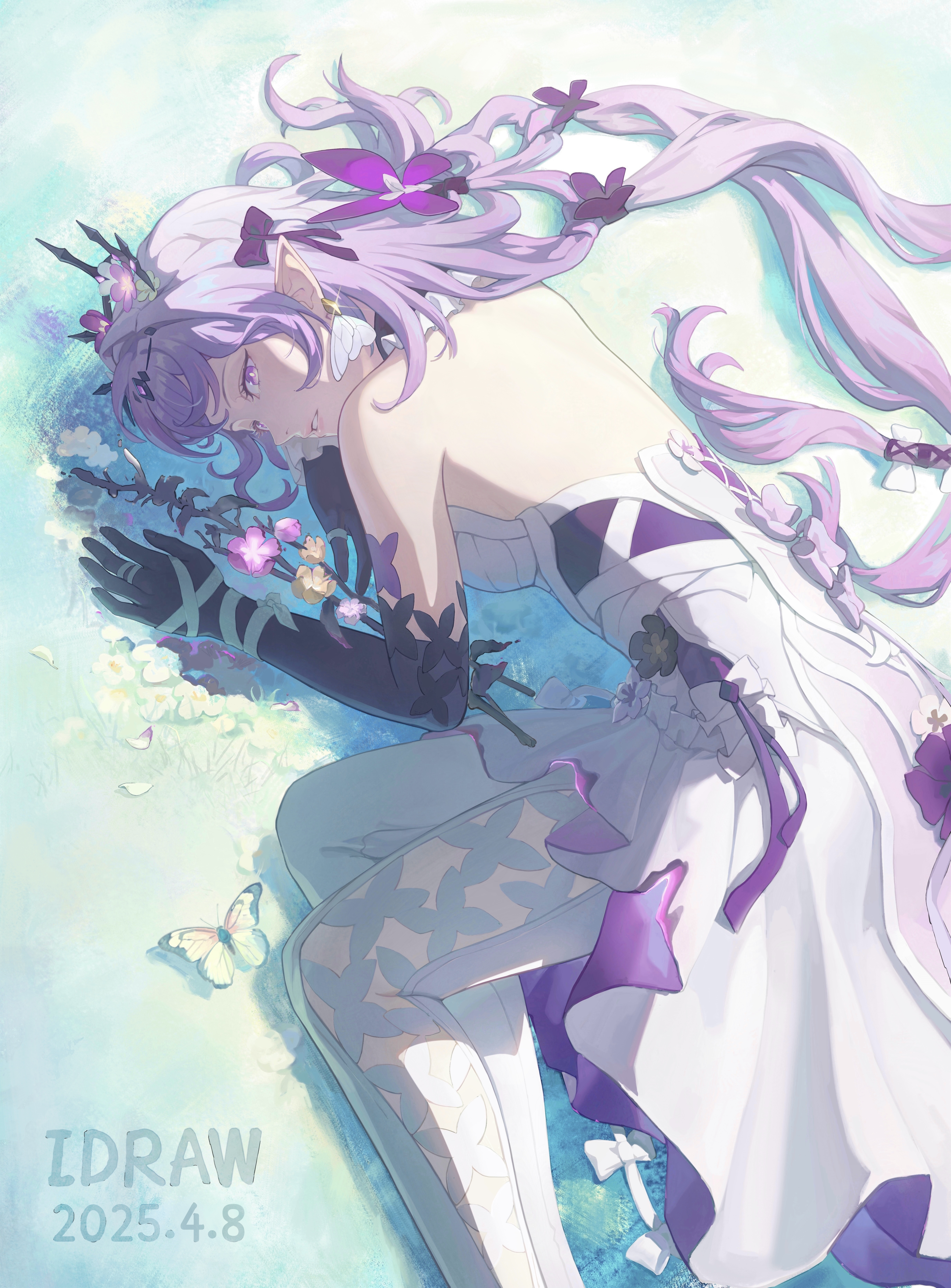 wo de huihua bu, castorice (honkai: star rail), honkai: star rail, honkai (series), absurdres, commentary request, highres, partial commentary, revision, 1girl, artist name, backless dress, backless outfit, bare back, bright pupils, dated, dress, elbow gloves, from behind, gloves, grey hair, hair spread out, long hair, looking at viewer, lying, multicolored hair, on stomach, pantyhose, parted lips, pointy ears, purple eyes, purple gloves, purple hair, solo, tiara, very long hair, watermark, white dress, white pantyhose, white pupils