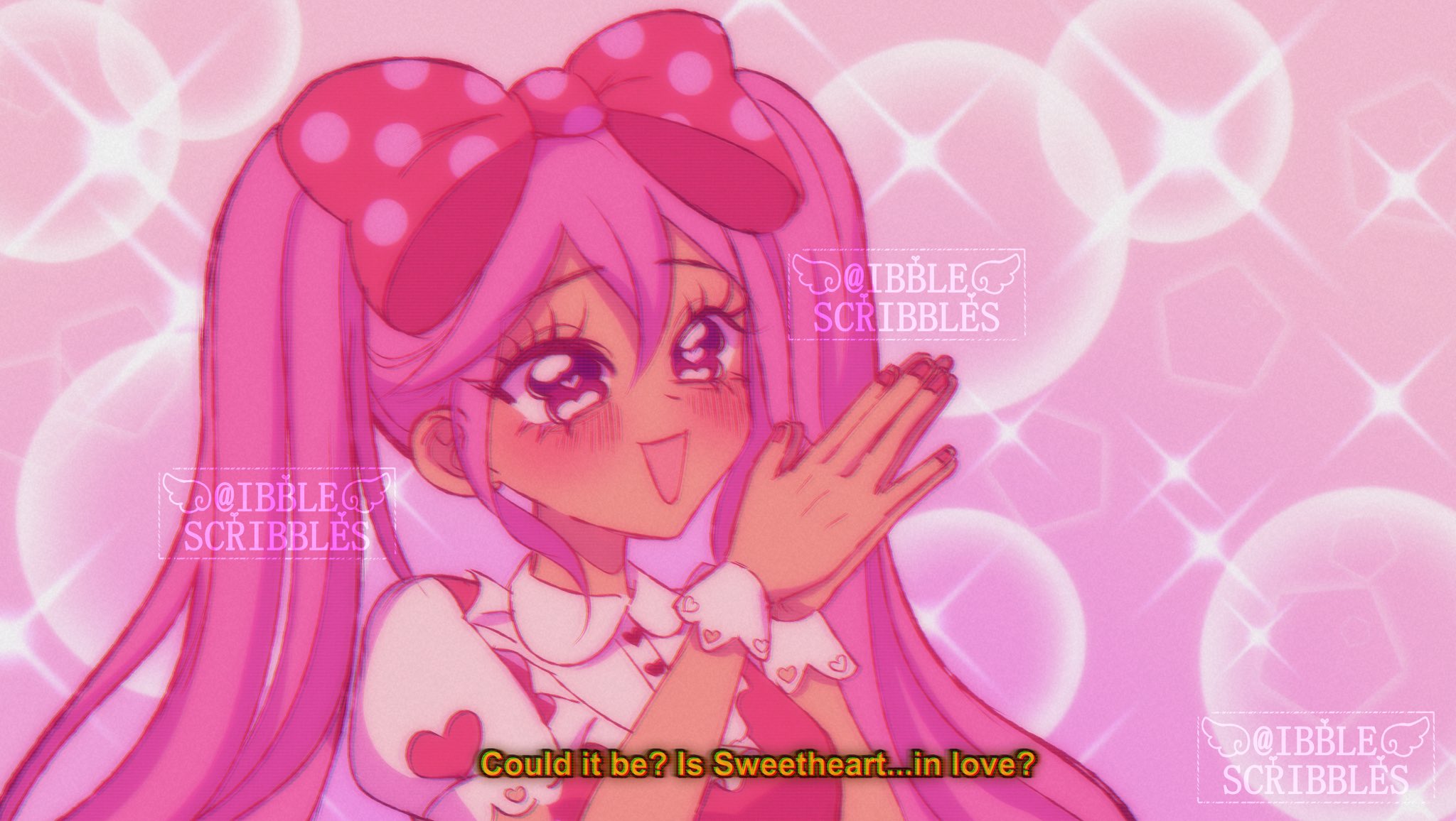 ibble (ibblescribbles), sweetheart (omori), omori, commentary, english commentary, highres, 1990s (style), 1girl, :d, artist name, blush, bow, breasts, bright pupils, buttons, collared shirt, dark-skinned female, dark skin, double-parted bangs, dress, english text, film grain, frilled sleeves, frilled wrist cuffs, frills, hair between eyes, hair bow, heart, heart-shaped pupils, heart button, long hair, looking ahead, open mouth, own hands together, pink background, pink bow, pink dress, pink eyes, pink theme, polka dot, polka dot bow, portrait, puffy short sleeves, puffy sleeves, retro artstyle, shirt, short sleeves, sidelocks, simple background, sleeveless, sleeveless dress, small breasts, smile, solo, sparkle, subtitled, symbol-shaped pupils, twintails, watermark, white pupils, white shirt, white wrist cuffs, wrist cuffs