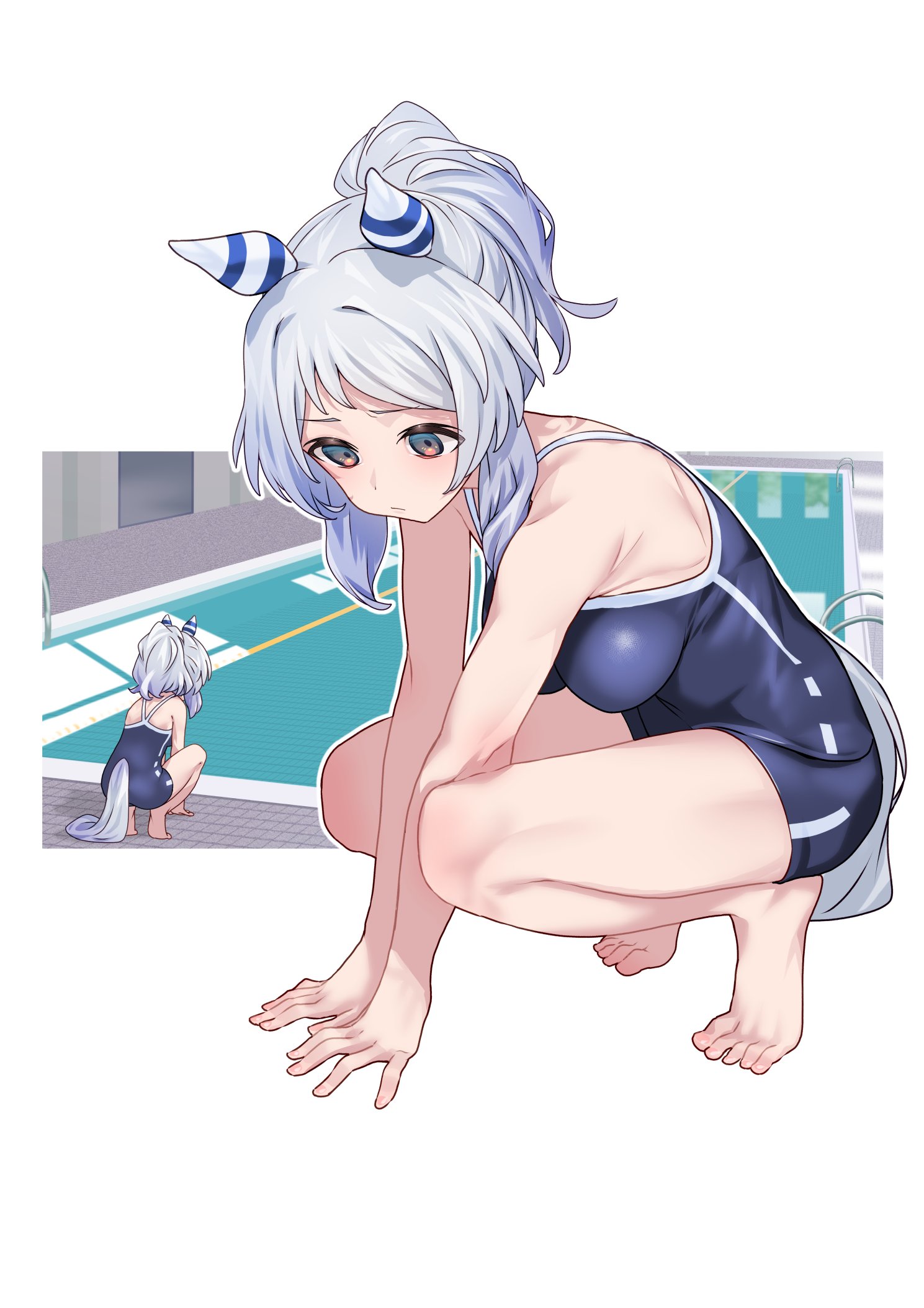 nabe puyo, hishi miracle (umamusume), umamusume, commentary request, highres, 1girl, all fours, animal ears, bare arms, barefoot, black one-piece swimsuit, blush, breasts, closed mouth, ear covers, full body, green eyes, horse ears, horse girl, horse tail, medium breasts, one-piece swimsuit, ponytail, pool, simple background, swimsuit, tail, toes, tracen swimsuit, white background, white hair, white tail