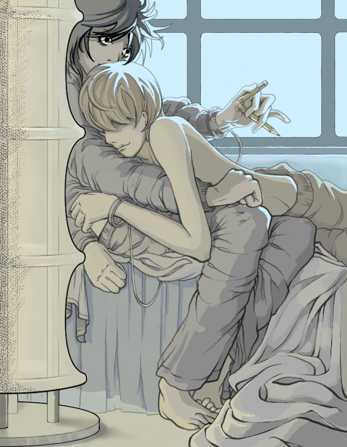 quaedam, yagami light, death note, bad tag, bags under eyes, barefoot, cuffs, handcuffs, hug, pencil, topless male, wooden pencil, yaoi