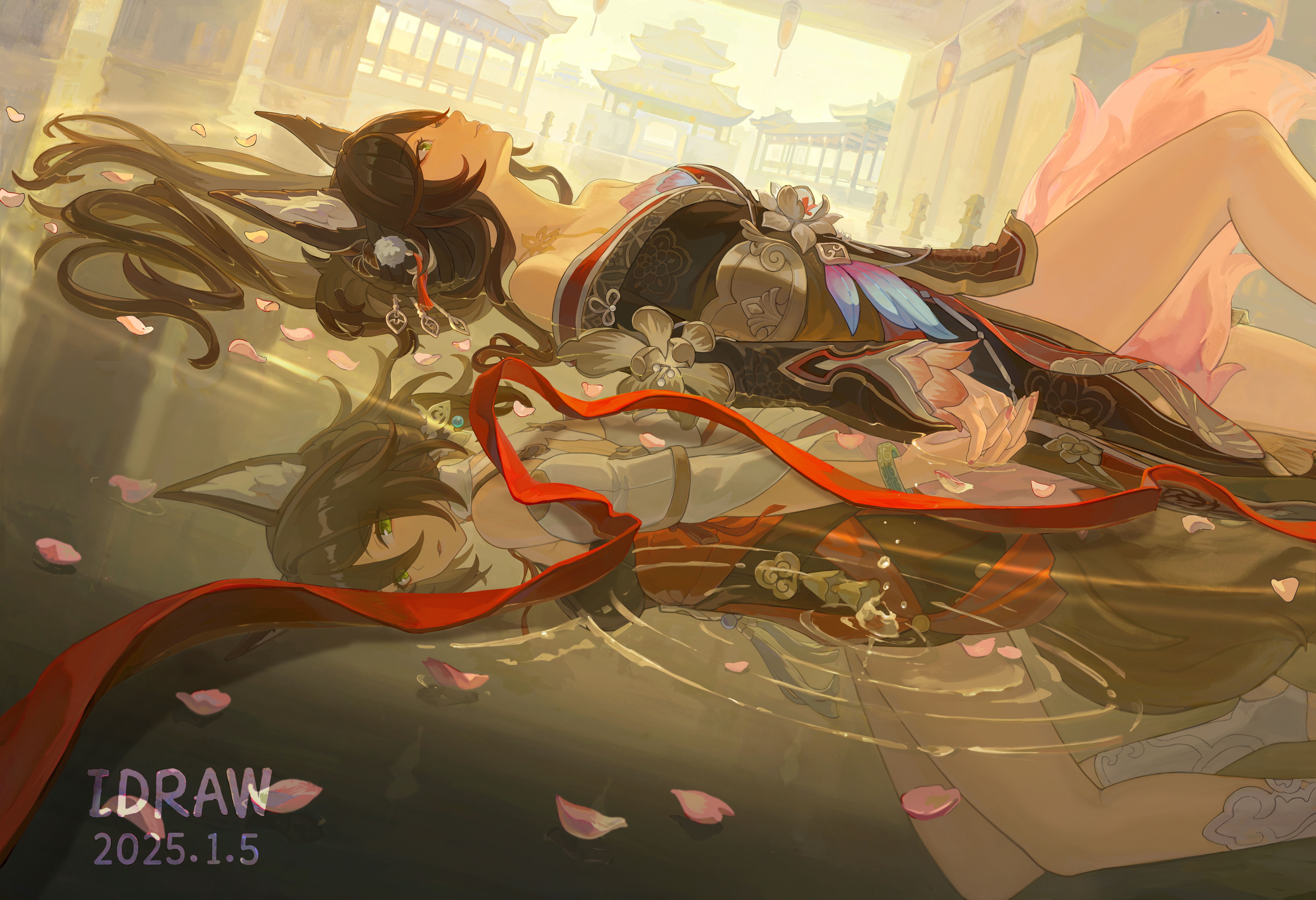 wo de huihua bu, fugue (honkai: star rail), tingyun (harmony) (honkai: star rail), tingyun (honkai: star rail), honkai: star rail, honkai (series), absurdres, commentary request, highres, partial commentary, revision, 2girls, animal ear fluff, animal ears, architecture, artist name, bare legs, black kimono, bracelet, brown hair, dated, detached sleeves, different reflection, east asian architecture, feet out of frame, fox ears, green eyes, hair spread out, holding hands, japanese clothes, jewelry, kimono, knee up, long hair, looking back, looking up, multiple girls, petals, red ribbon, reflection, ribbon, ripples, short hair, very long hair, watermark