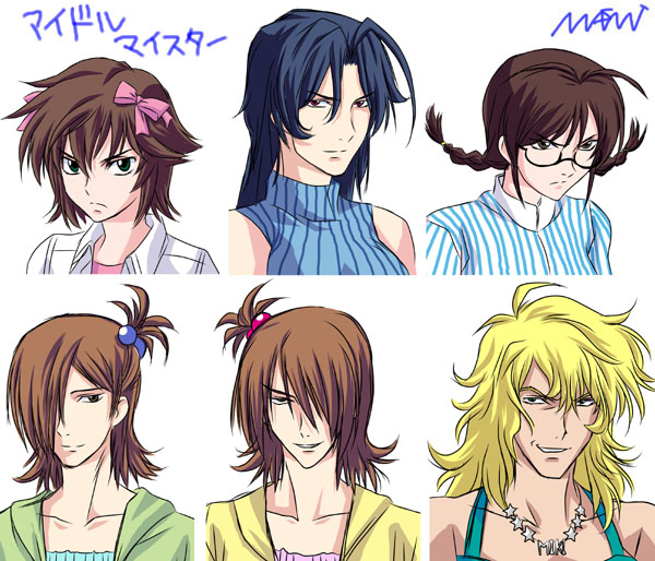 akizuki ritsuko, ali al-saachez, allelujah haptism, amami haruka, futami ami, futami mami, graham aker, hoshii miki, lockon stratos, miura azusa, setsuna f. seiei, tieria erde, gundam, gundam 00, idolmaster, idolmaster (classic), idolmaster 1, translated, 6+boys, ahoge, akizuki ritsuko (cosplay), amami haruka (cosplay), blonde hair, blue hair, braid, brown eyes, brown hair, cosplay, crossdressing, crossdressing (mtf), futami ami (cosplay), futami mami (cosplay), glasses, green eyes, hair bobbles, hair ornament, hair over one eye, hair ribbon, hoshii miki (cosplay), long hair, male focus, miura azusa (cosplay), multiple boys, parody, red eyes, ribbon, twin braids