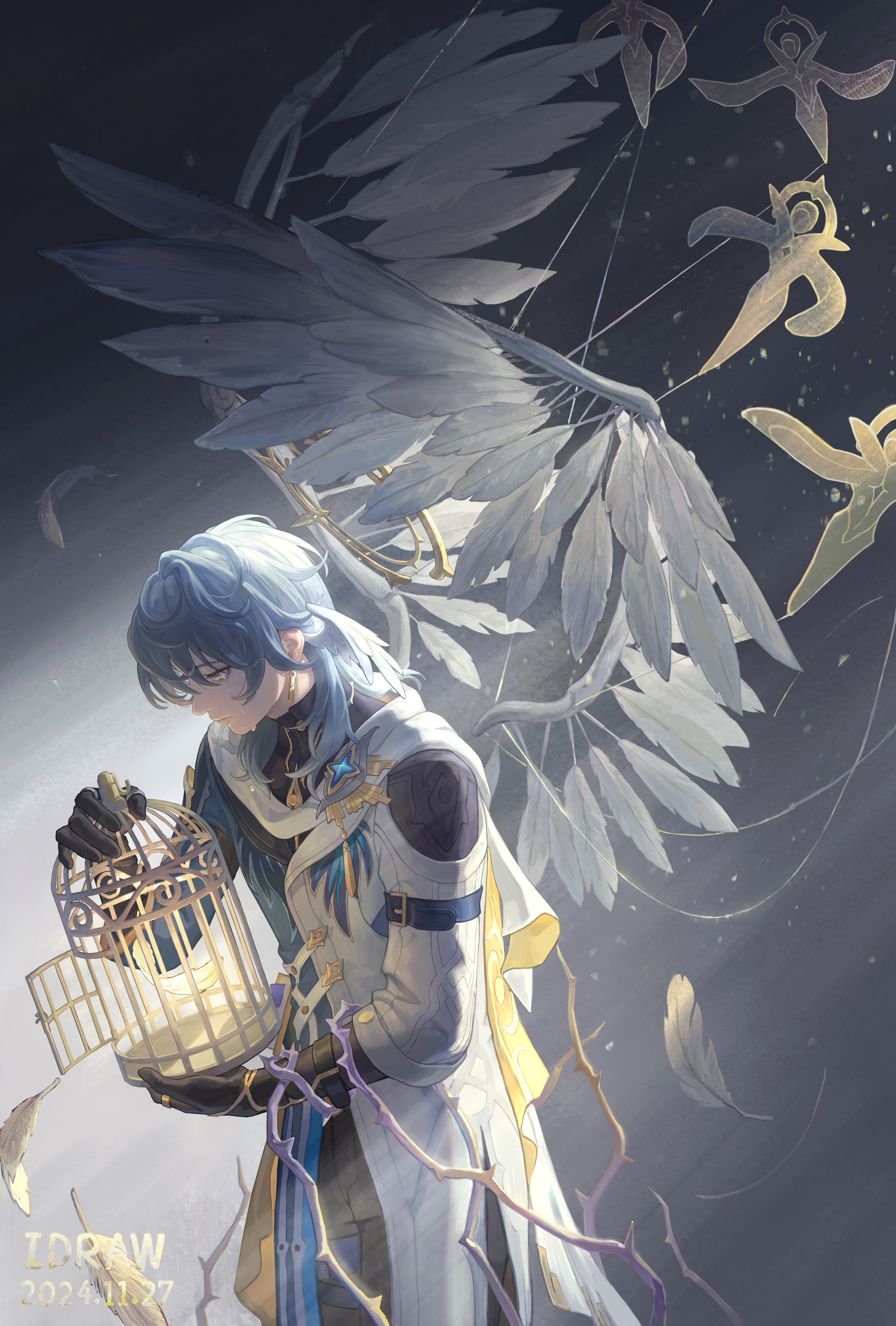 wo de huihua bu, sunday (honkai: star rail), honkai: star rail, honkai (series), absurdres, highres, revision, 1boy, artist name, birdcage, black gloves, black pants, black shirt, blue hair, blue jacket, cage, closed mouth, collared shirt, crying, crying with eyes open, dated, earrings, feathered wings, feathers, gloves, halo, halo behind head, head wings, holding, holding cage, jacket, jewelry, long hair, long sleeves, male focus, multiple rings, pants, ring, shirt, solo, tears, thigh strap, thorns, watermark, white jacket, white wings, wings, yellow eyes