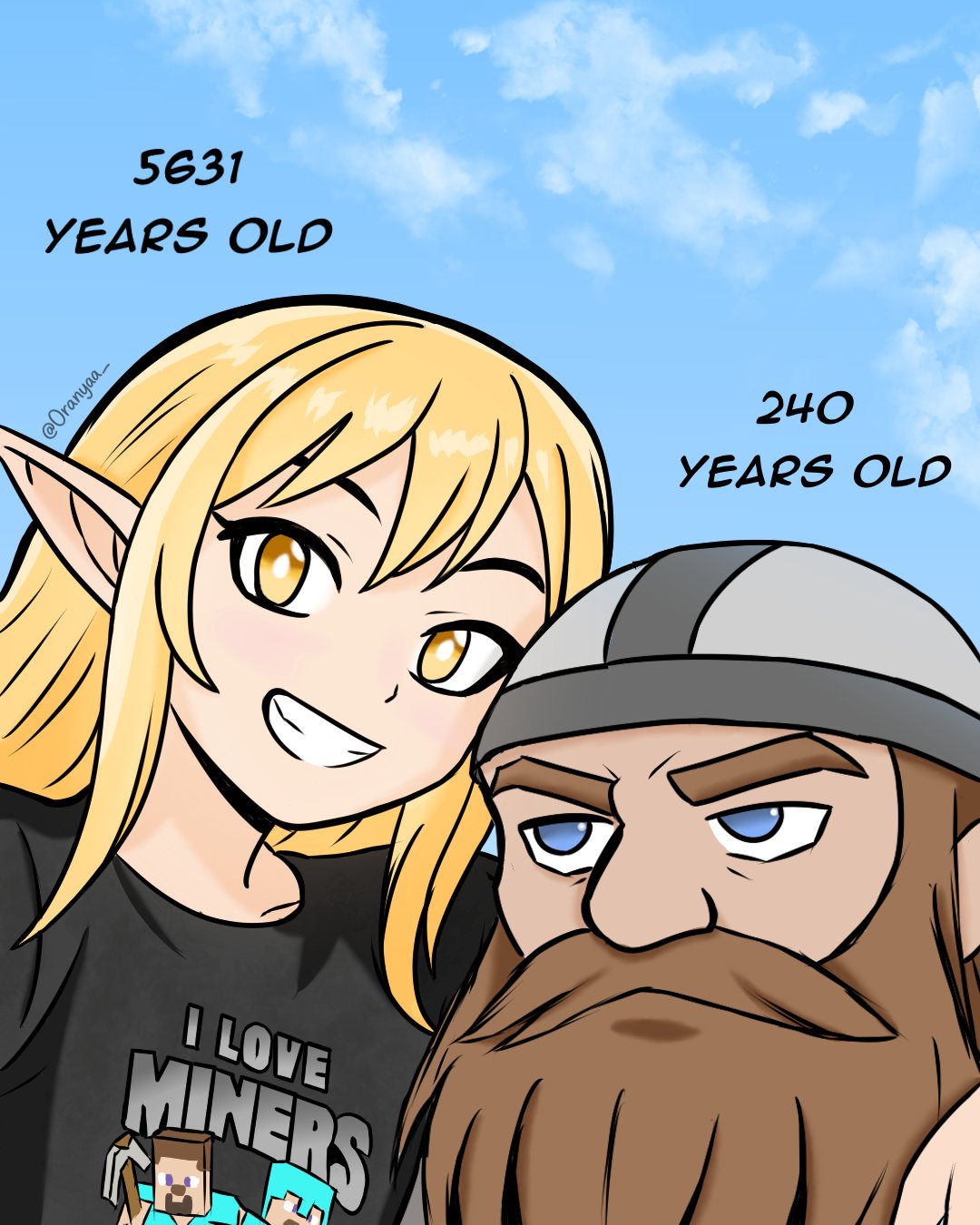 oranyaa, steve (minecraft), minecraft, highres, 1boy, 1girl, beard, blonde hair, blue eyes, cloud, dwarf, elf, facial hair, helmet, long beard, long hair, mustache, pointy ears, shirt, sky, smile, t-shirt, thick mustache, yellow eyes