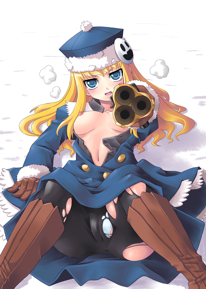 yaso shigeru, gunner (sekaiju), gunner 2 (sekaiju), jack frost (megami tensei), atlus, etrian odyssey, 1girl, :o, angry, black pantyhose, blonde hair, blue eyes, blush, boots, breast slip, breasts, buttons, cameltoe, coat, embarrassed, female focus, fighting stance, foreshortening, fur trim, gloves, gun, handgun, hat, head tilt, holding, knee boots, large breasts, long hair, lying, midriff, navel, nipples, no bra, on back, on ground, open clothes, open shirt, outdoors, panties, panties under pantyhose, pantyhose, pantyshot, public indecency, public nudity, revolver, shirt, sidelocks, smiley face, snow, solo, spread legs, torn clothes, torn pantyhose, underwear, wavy hair, weapon, white panties
