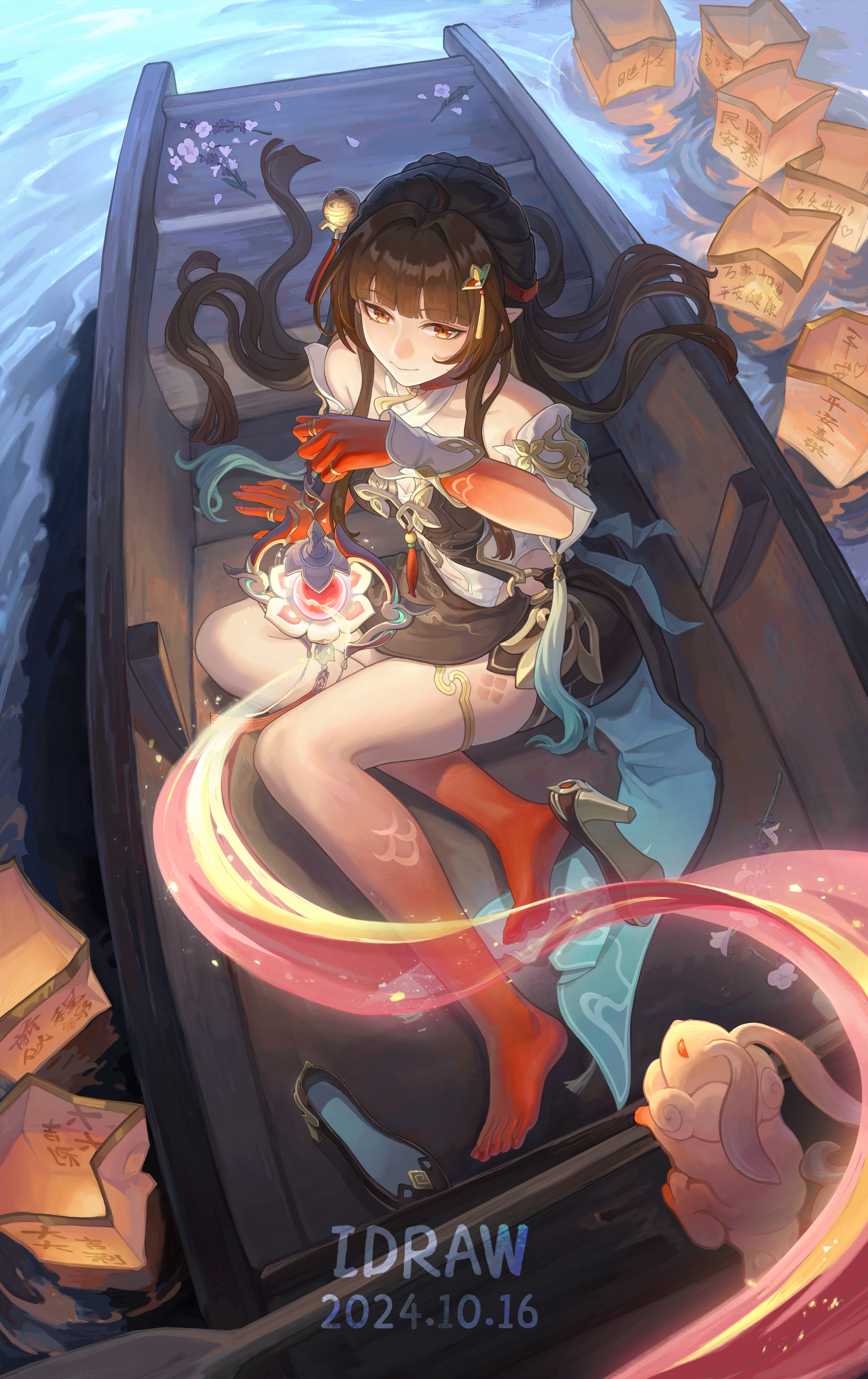wo de huihua bu, fuyuan (honkai: star rail), lingsha (honkai: star rail), honkai: star rail, honkai (series), absurdres, commentary request, highres, partial commentary, revision, 1girl, artist name, barefoot, boat, brown hair, closed mouth, colored extremities, dated, dress, flower, from above, full body, hair flowing over, hair ornament, hair spread out, halter dress, halterneck, high heels, lantern, long hair, on boat, paper lantern, pointy ears, red eyes, red feet, red hands, shoes, sitting, smile, solo, tassel, tassel hair ornament, unworn shoes, very long hair, water, watercraft, watermark, yokozuwari