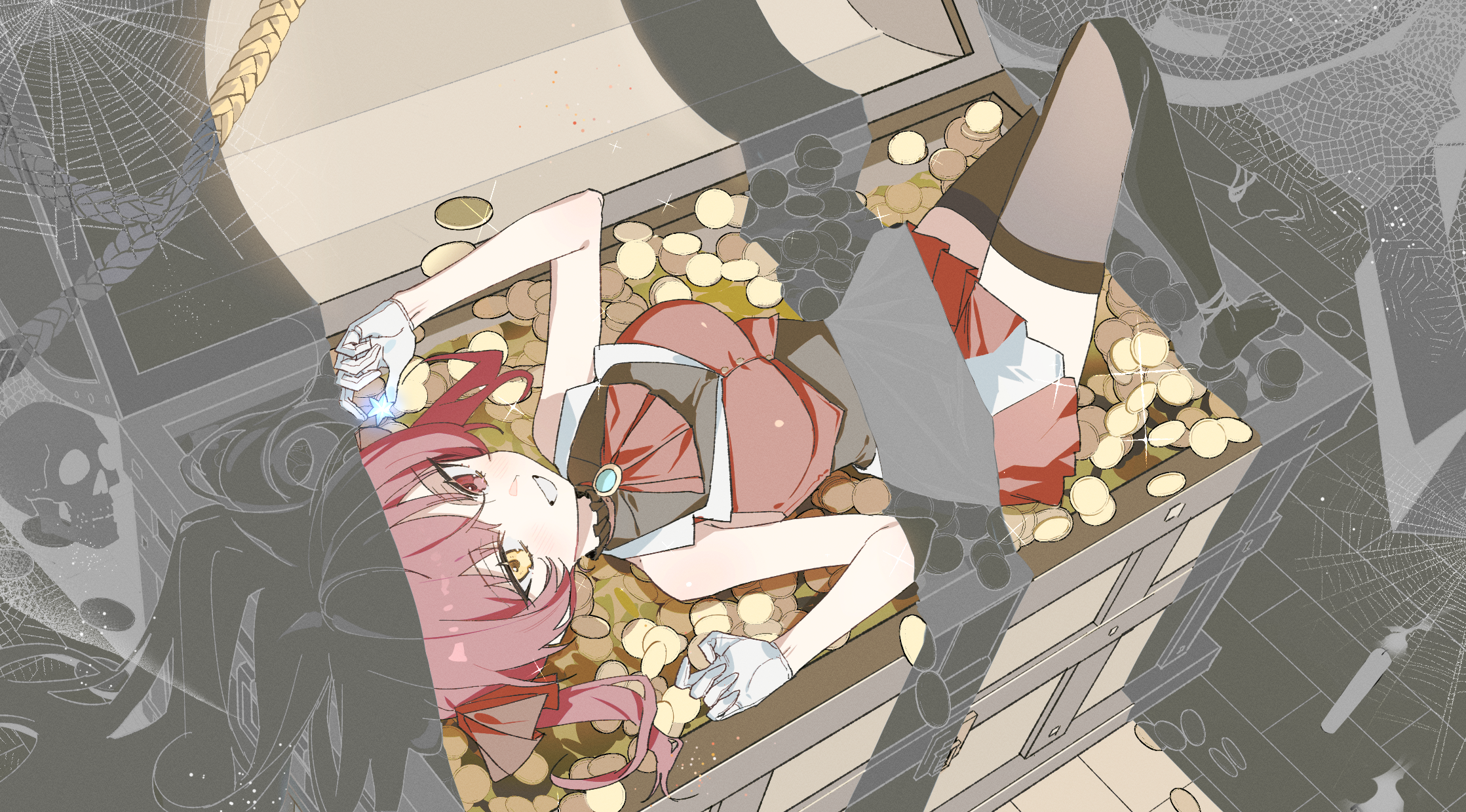 bon (bony 53), houshou marine, dead ma'am's chest (houshou marine), hololive, highres, 1girl, ascot, brown thighhighs, coin, gloves, gold coin, heterochromia, holding, holding star, jacket, leotard, lying, no shoes, on back, red ascot, red eyes, red hair, red jacket, red skirt, see-through clothes, see-through leotard, silk, skirt, skull, sleeveless, sleeveless jacket, solo, spider web, star (symbol), thighhighs, treasure chest, virtual youtuber, white gloves, yellow eyes