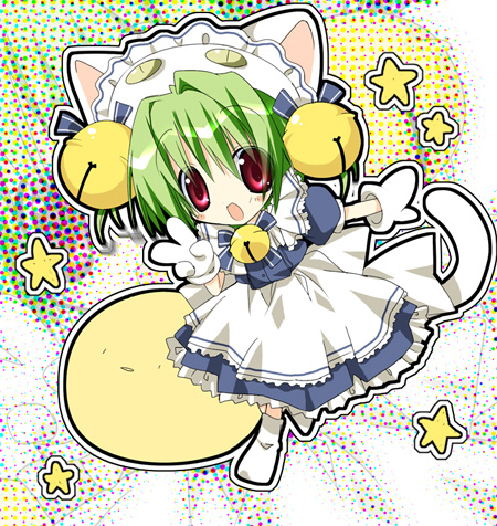 paco, dejiko, gema, di gi charat, lowres, 1girl, animal ears, animal hat, bell, cat, cat ears, cat hat, cat tail, female focus, gloves, green hair, hair bell, hair ornament, hat, jingle bell, maid, neck bell, open mouth, red eyes, smile, solo, star (symbol), tail, v, zoom layer