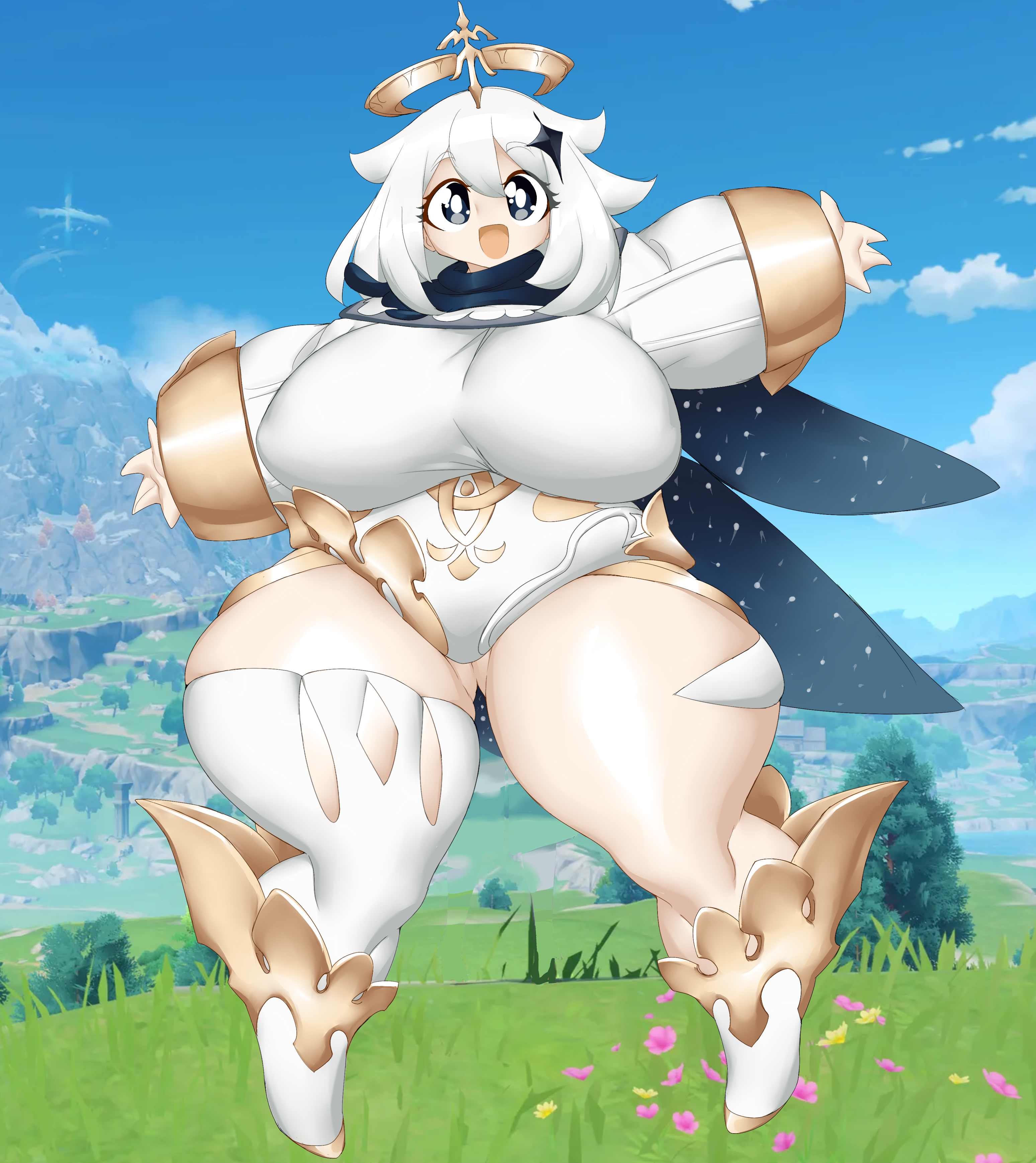 kyelyn, paimon (genshin impact), genshin impact, 1girl, alternate breast size (larger), blue eyes, blue sky, breasts, cape, day, full body, grass, halo, huge breasts, leotard, open mouth, outdoors, scarf, shoes, shortstack, single thighhigh, skindentation, sky, smile, solo, standing, thick thighs, thighhighs, thighs, white hair, white leotard, white shoes, white thighhighs
