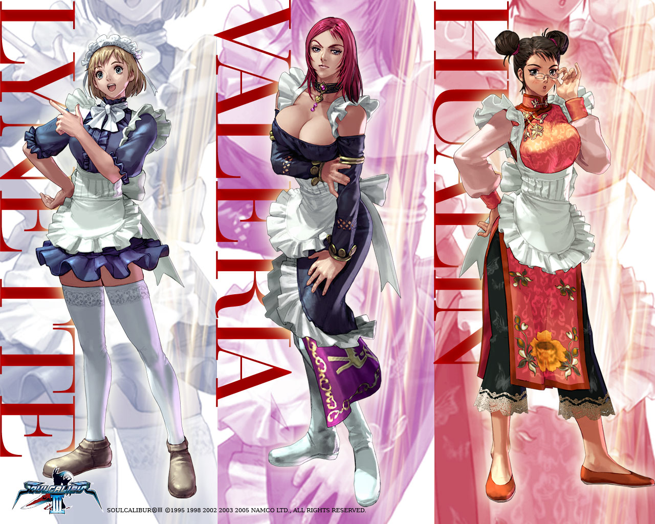 kawano takuji, hualin, lynette, valeria, chronicles of the sword, namco, soul calibur, soulcalibur, soulcalibur iii, extra, official art, official wallpaper, 00s, 1990s (style), 1995, 1998, 2002, 2003, 2005, 3girls, adjusting eyewear, apron, black hair, blonde hair, boots, breasts, character name, china dress, chinese clothes, choker, cleavage, collar, copyright name, detached sleeves, double bun, dress, female focus, glasses, hair bun, hand on own hip, hip focus, instrument, jewelry, large breasts, lineup, long hair, looking at viewer, maid, maid apron, maid headdress, multiple girls, open mouth, pink hair, retro artstyle, shoes, short hair, smile, tambourine, thighhighs, white thighhighs, zettai ryouiki, zoom layer