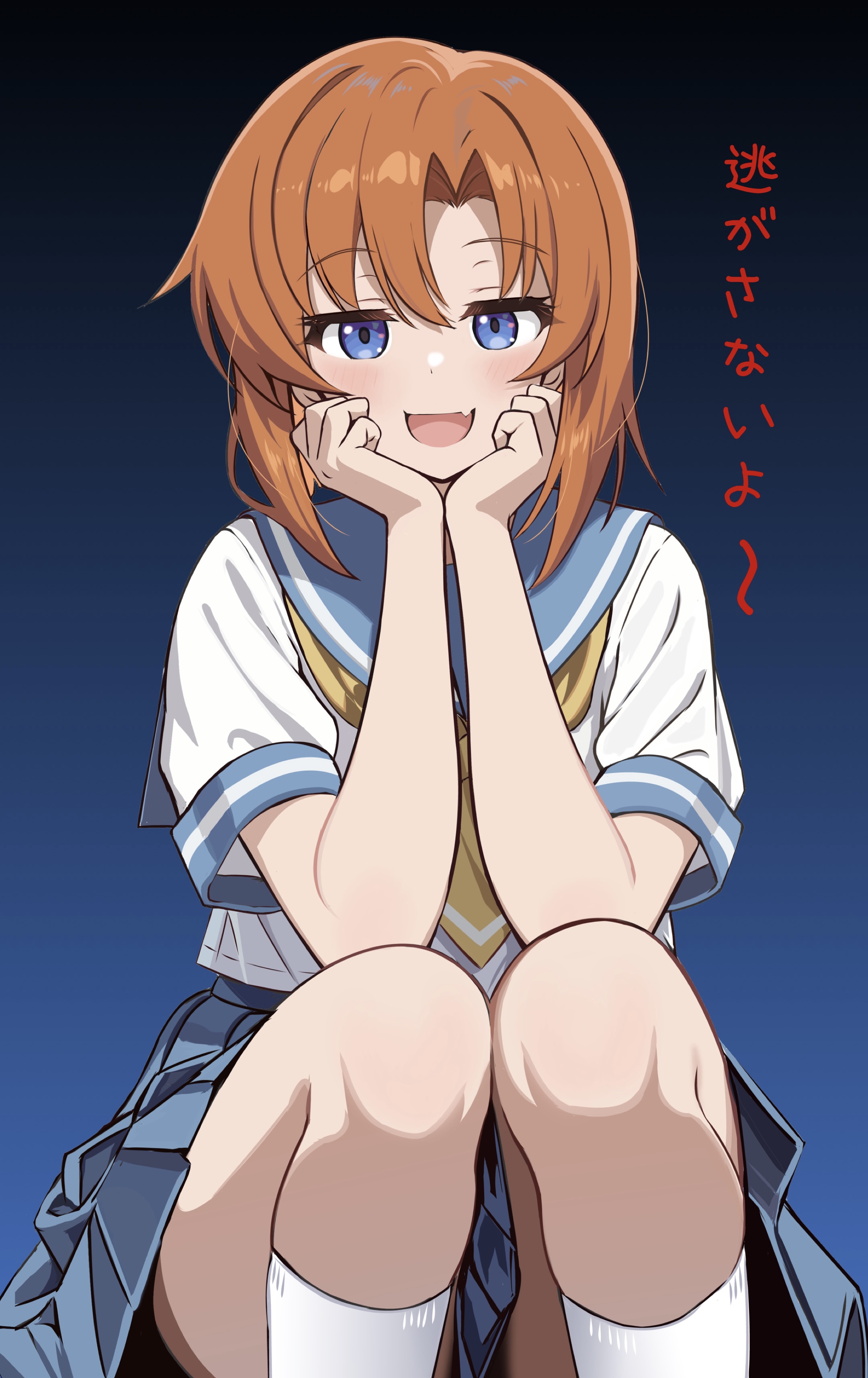 zaofeng, ryuuguu rena, higurashi no naku koro ni, absurdres, commentary request, highres, translated, 1girl, :d, blue background, blue eyes, blue sailor collar, blue skirt, clenched hands, eyelashes, fang, feet out of frame, gradient background, hair between eyes, hands on own cheeks, hands on own face, hands up, kneehighs, looking at viewer, medium hair, miniskirt, neckerchief, open mouth, orange hair, pleated skirt, sailor collar, school uniform, serafuku, shirt, short sleeves, simple background, skin fang, skirt, smile, socks, solo, squatting, straight hair, white shirt, white socks, yellow neckerchief