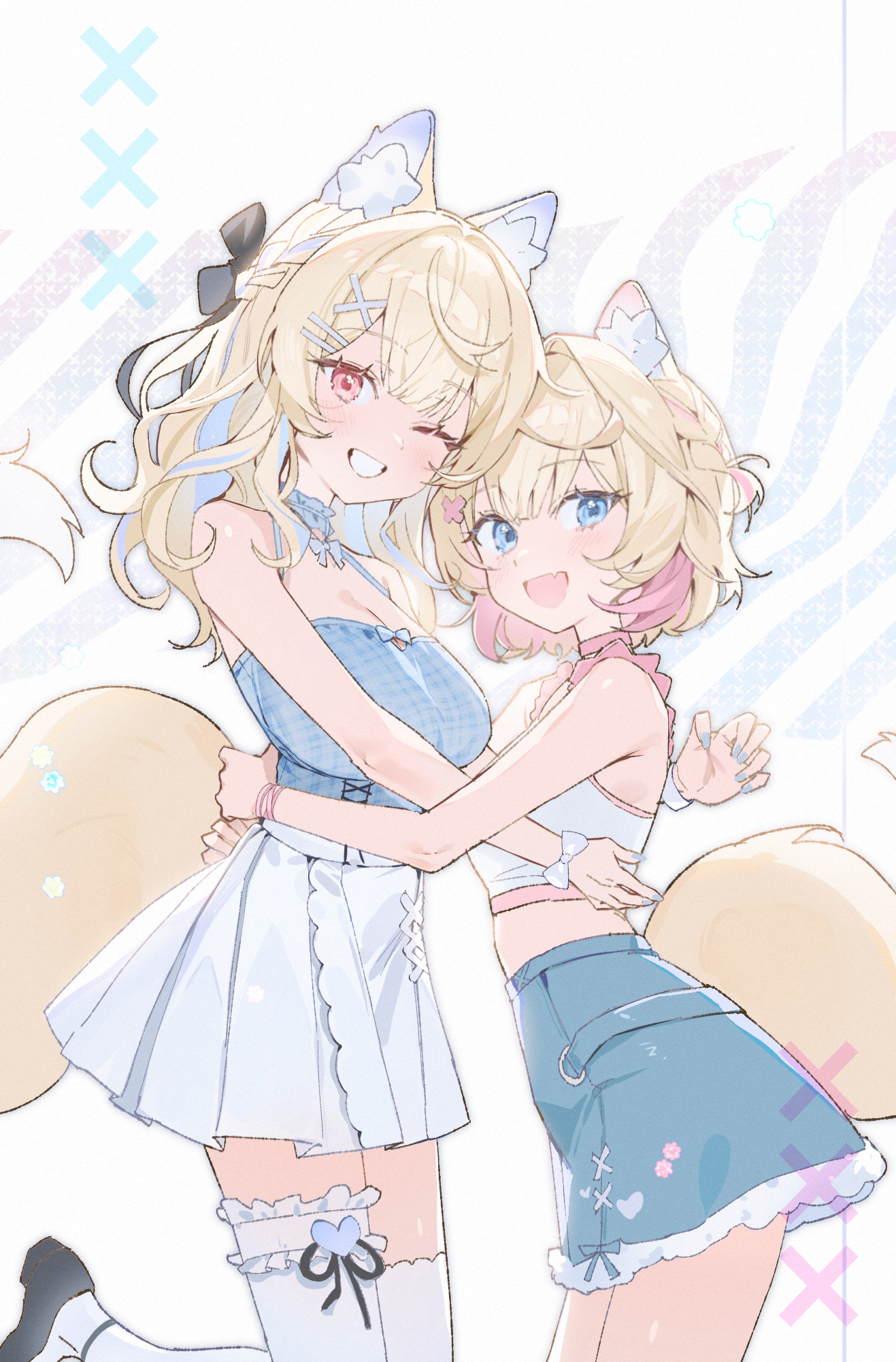 bon (bony 53), fuwawa abyssgard, fuwawa abyssgard (casual), mococo abyssgard, mococo abyssgard (casual), hololive, hololive english, highres, 2girls, animal ear fluff, animal ears, black ribbon, blonde hair, blue camisole, blue eyes, blue hair, blue skirt, braid, camisole, colored inner hair, dog ears, dog girl, dog tail, frilled camisole, frilled straps, frills, hair ornament, hair ribbon, half up braid, hug, looking at viewer, multicolored hair, multiple girls, official alternate costume, one eye closed, open mouth, pink eyes, pink hair, plaid camisole, ribbon, siblings, sisters, skirt, smile, streaked hair, tail, teeth, thighhighs, twins, virtual youtuber, white camisole, white skirt, white thighhighs, x hair ornament