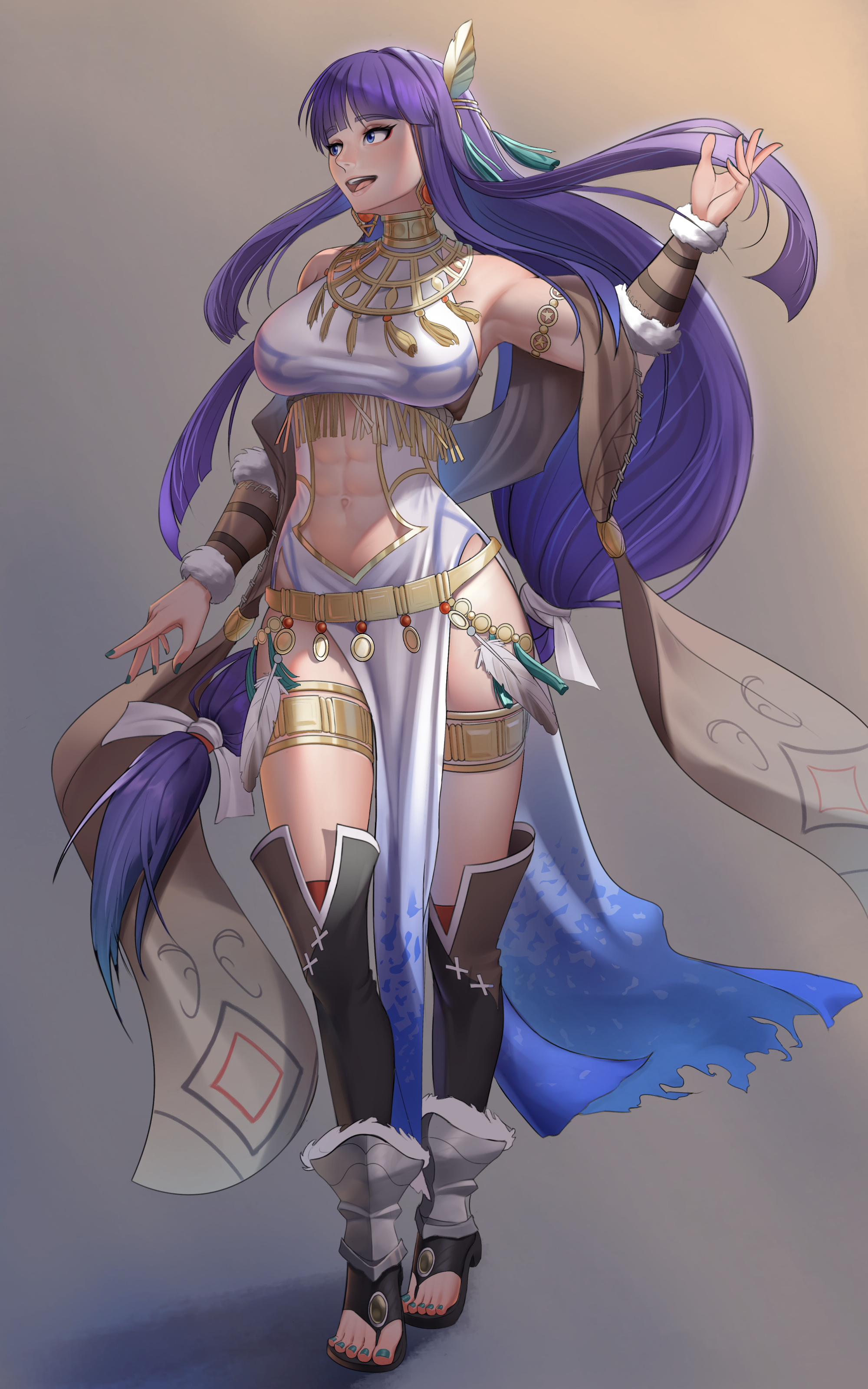demdeet, altina (fire emblem), altina (unrivaled dawn) (fire emblem), fire emblem, fire emblem: radiant dawn, fire emblem heroes, nintendo, absurdres, commission, highres, 1girl, abs, blue eyes, boots, breasts, clothing cutout, full body, jewelry, large breasts, long hair, nail polish, navel, official alternate costume, open-toe boots, pelvic curtain, purple hair, solo, stomach, stomach cutout, thighlet, very long hair