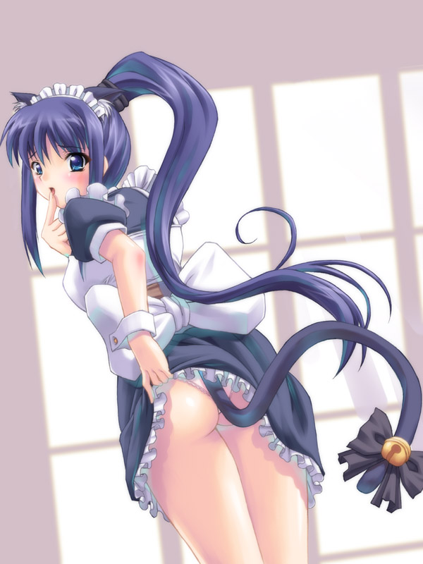1girl, animal ears, ass, blue eyes, blush, cat ears, cat tail, female focus, long hair, panties, solo, tail, underwear