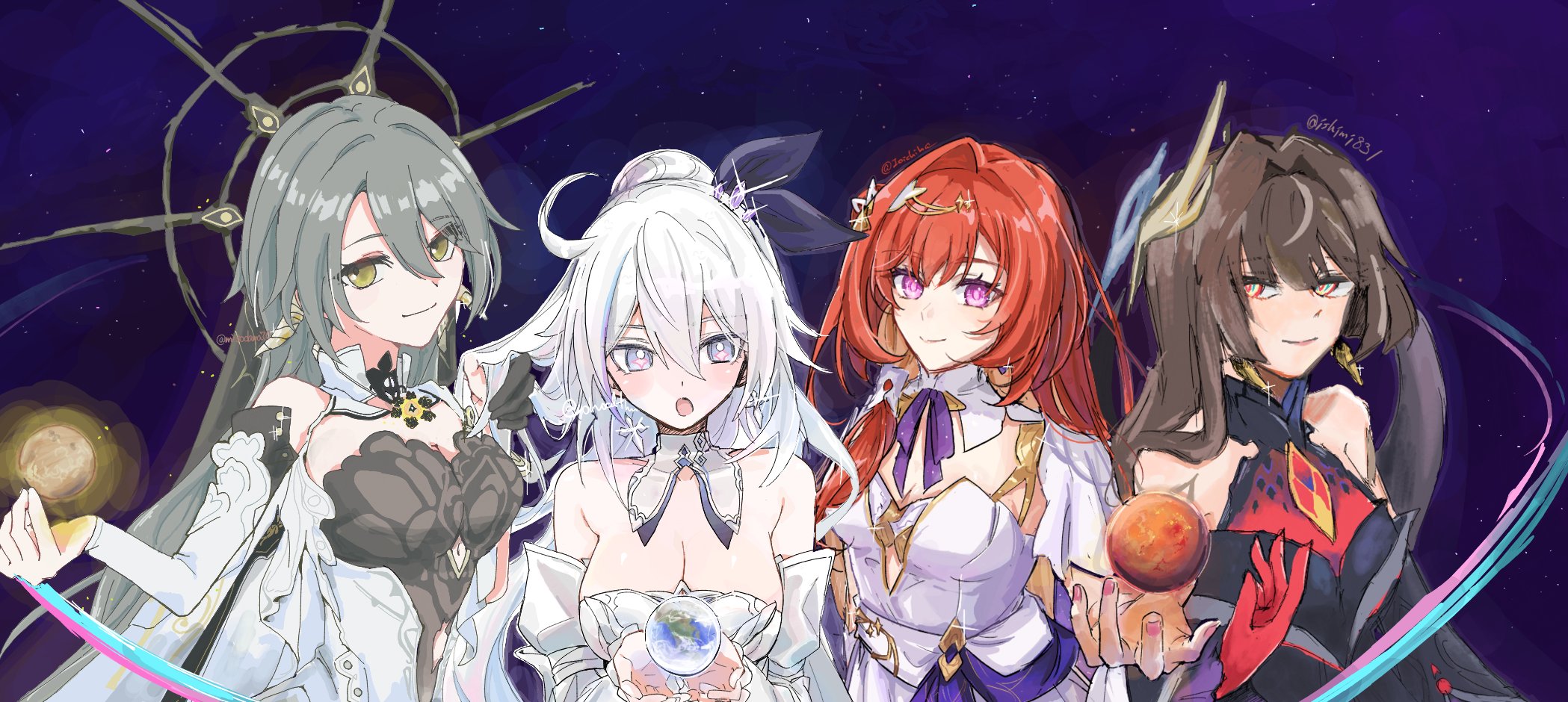 ioichiha, kiana kaslana, kiana kaslana (herrscher of finality), leylah (honkai impact), senadina, senadina (cocoon of unwoven), vita (eldritch vantage) (honkai impact), vita (honkai impact), honkai (series), honkai impact 3rd, artist collaboration, artist request, highres, 4girls, bare shoulders, breasts, brown hair, earth (planet), gloves, grey hair, large breasts, long hair, looking at viewer, mars (planet), multiple girls, planet, purple eyes, red hair, venus (planet), white hair, yellow eyes